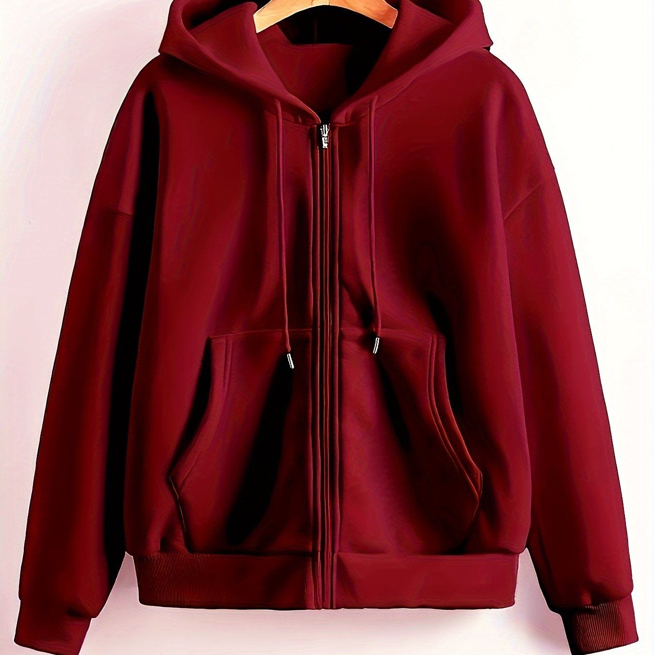 Solid Color European and American Fashion Women's Sports Hooded Zip-Up Sweatshirt for Autumn and Winter   OAXG Burgundy / S