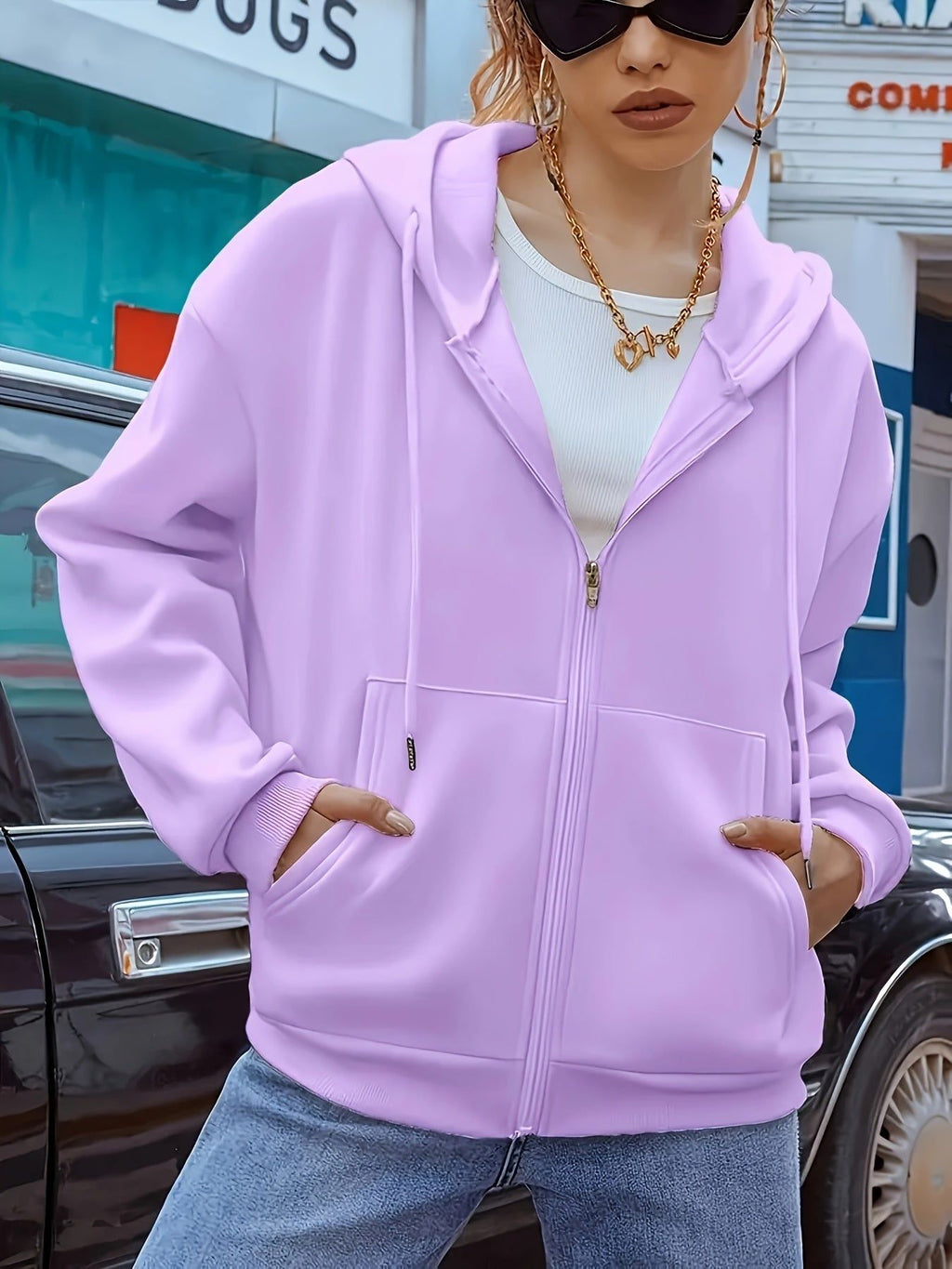 Solid Color European and American Fashion Women's Sports Hooded Zip-Up Sweatshirt for Autumn and Winter   OAXG Burgundy / S