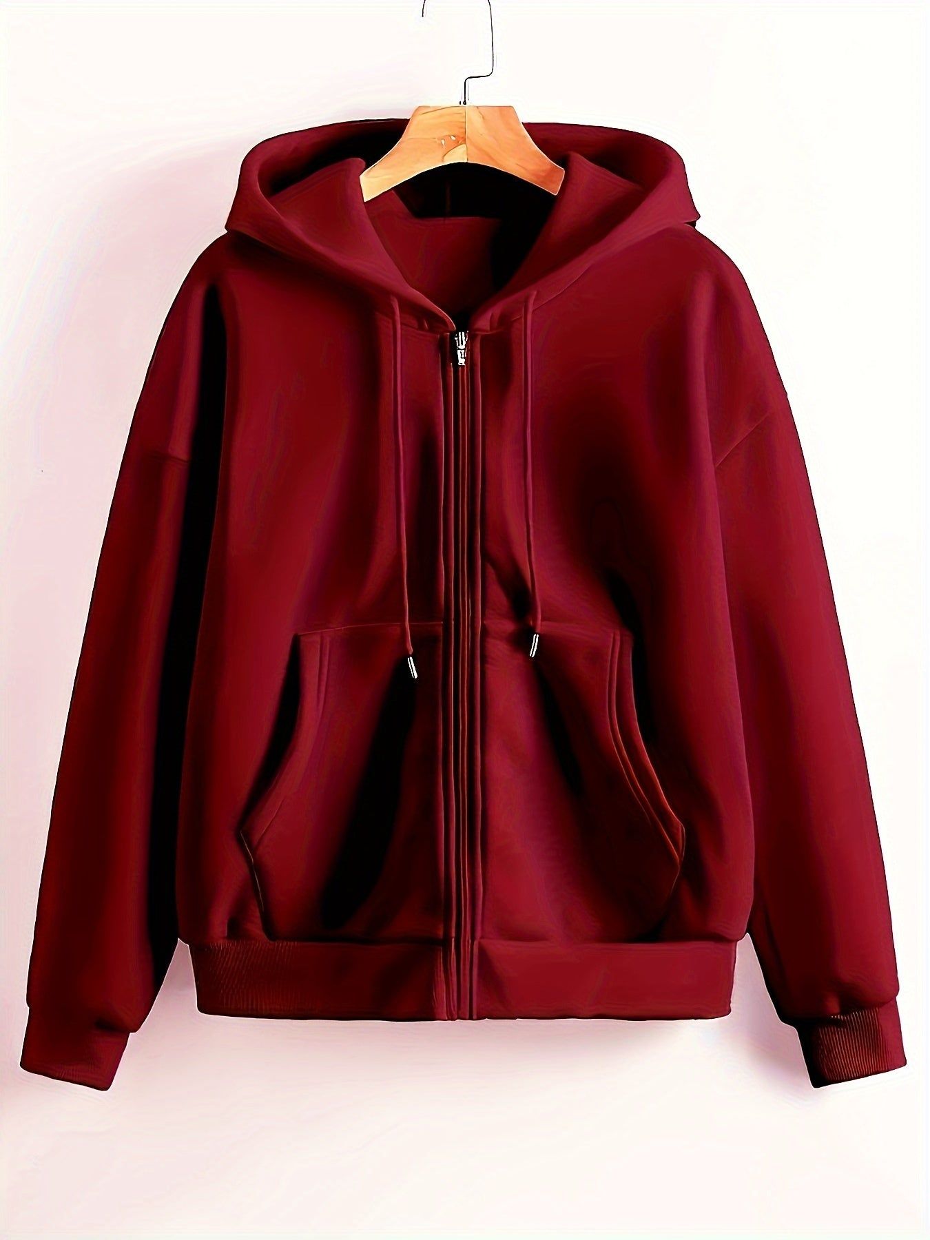 Solid Color European and American Fashion Women's Sports Hooded Zip-Up Sweatshirt for Autumn and Winter   OAXG Burgundy / S