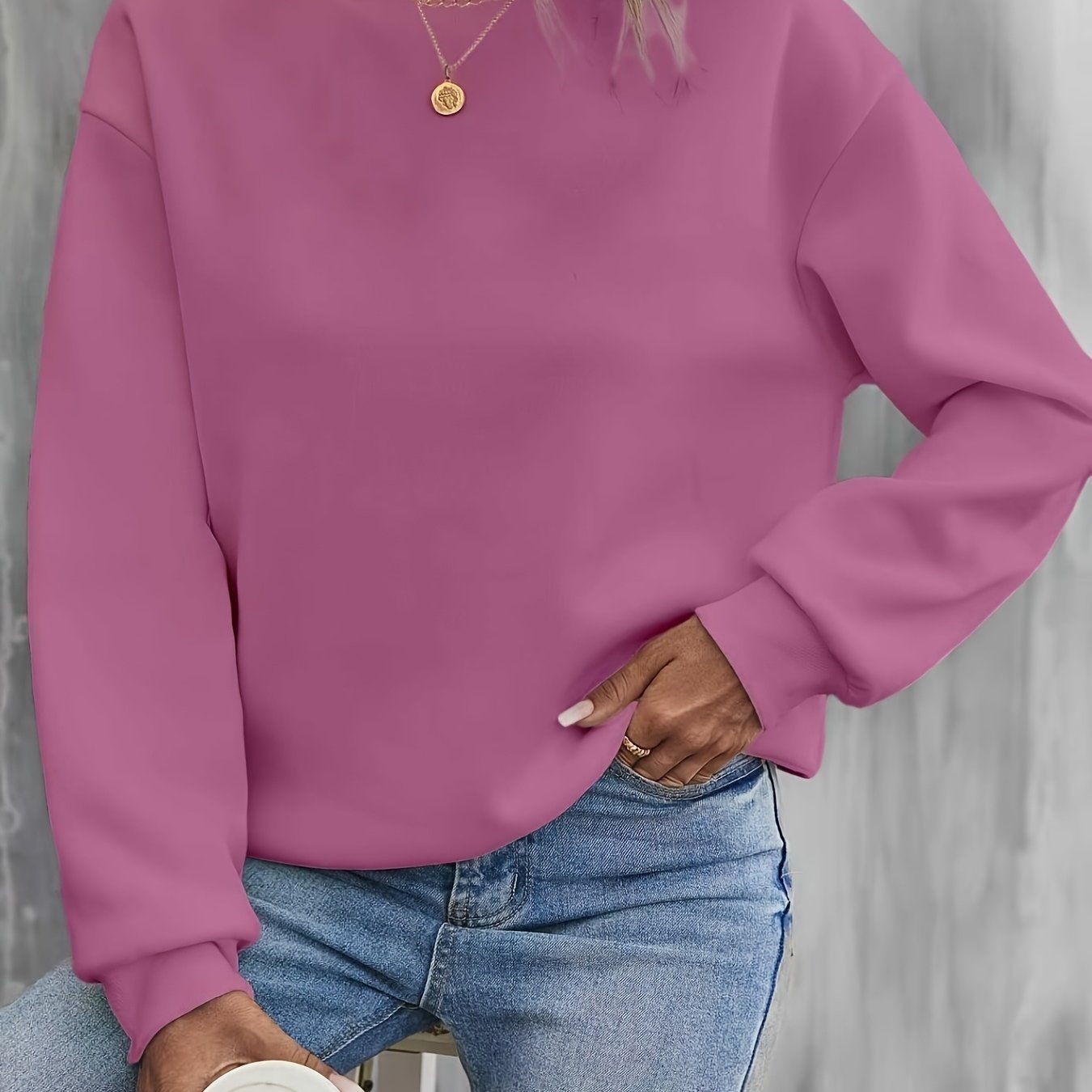 Solid Color Fashion Round Neck Sweatshirt for Women, New Autumn/Winter Pullover, Loose Fit, Versatile, Casual, and Sporty Top   OAXG Klein Blue / S