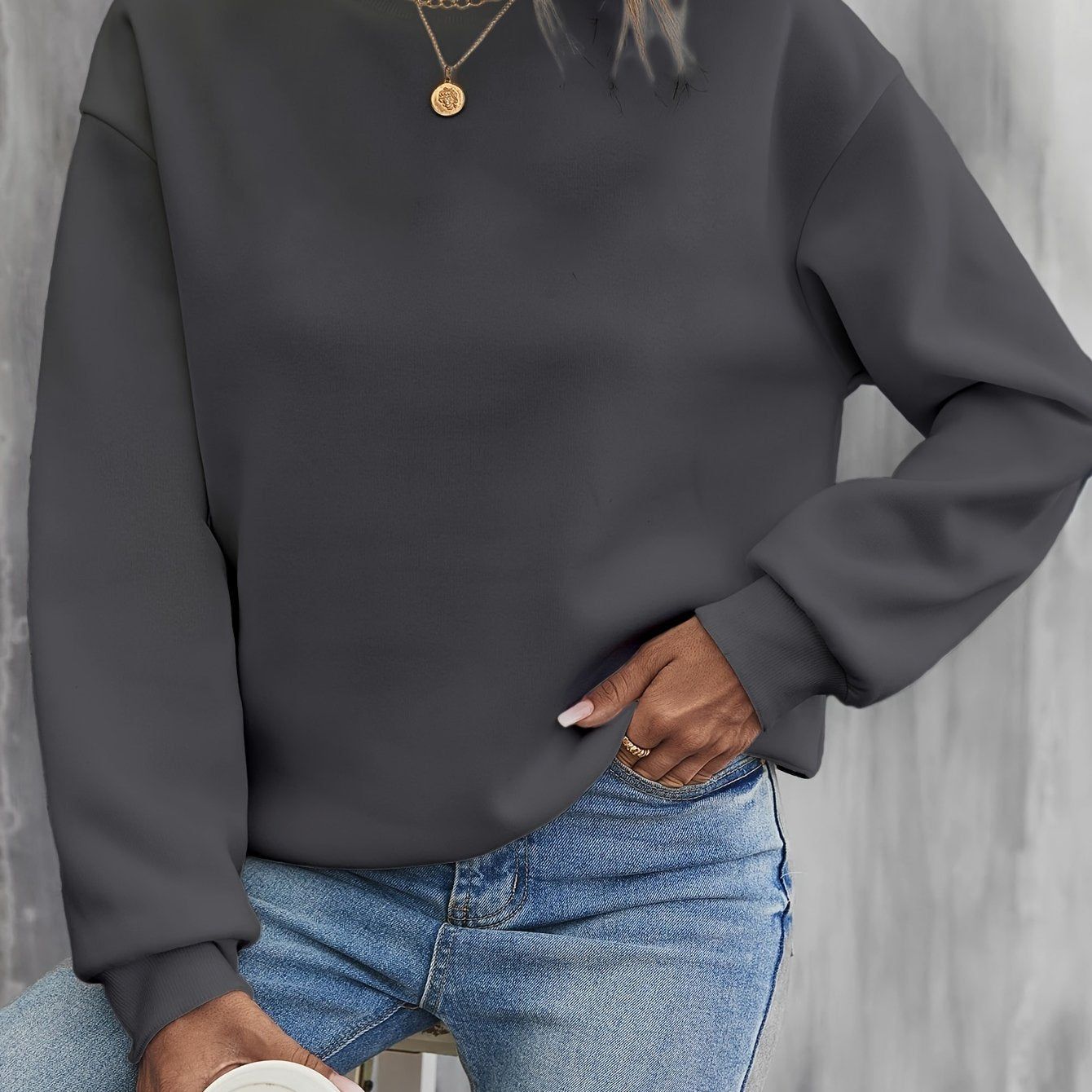 Solid Color Fashion Round Neck Sweatshirt for Women, New Autumn/Winter Pullover, Loose Fit, Versatile, Casual, and Sporty Top   OAXG Klein Blue / S