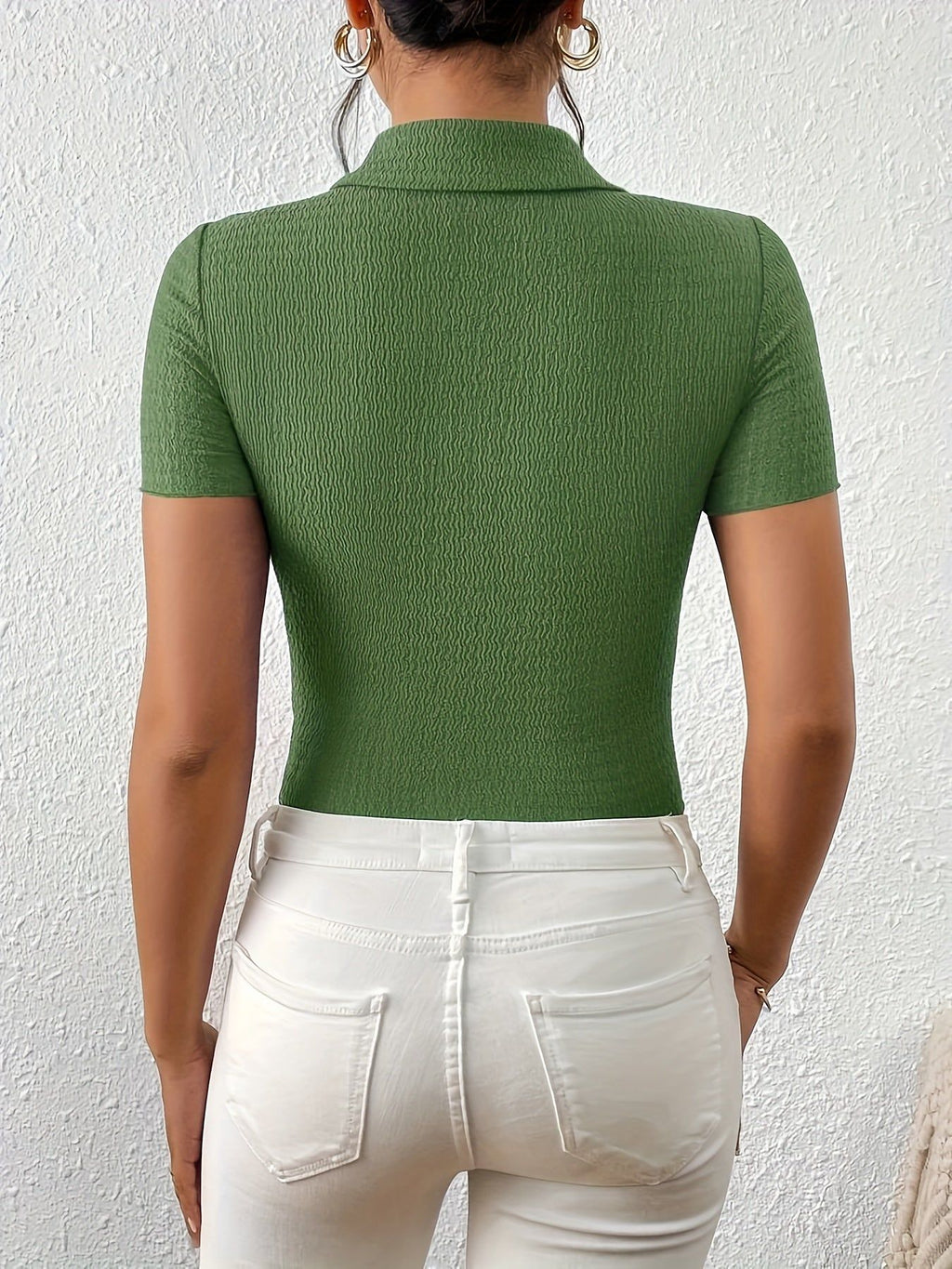 Solid Color Lapel Shirt Women'S Short Sleeve Top   OAXG Black / S