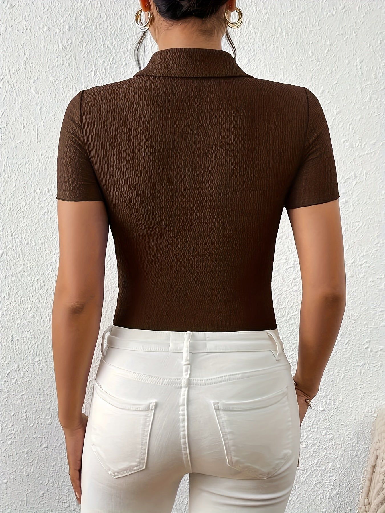 Solid Color Lapel Shirt Women'S Short Sleeve Top   OAXG Black / S