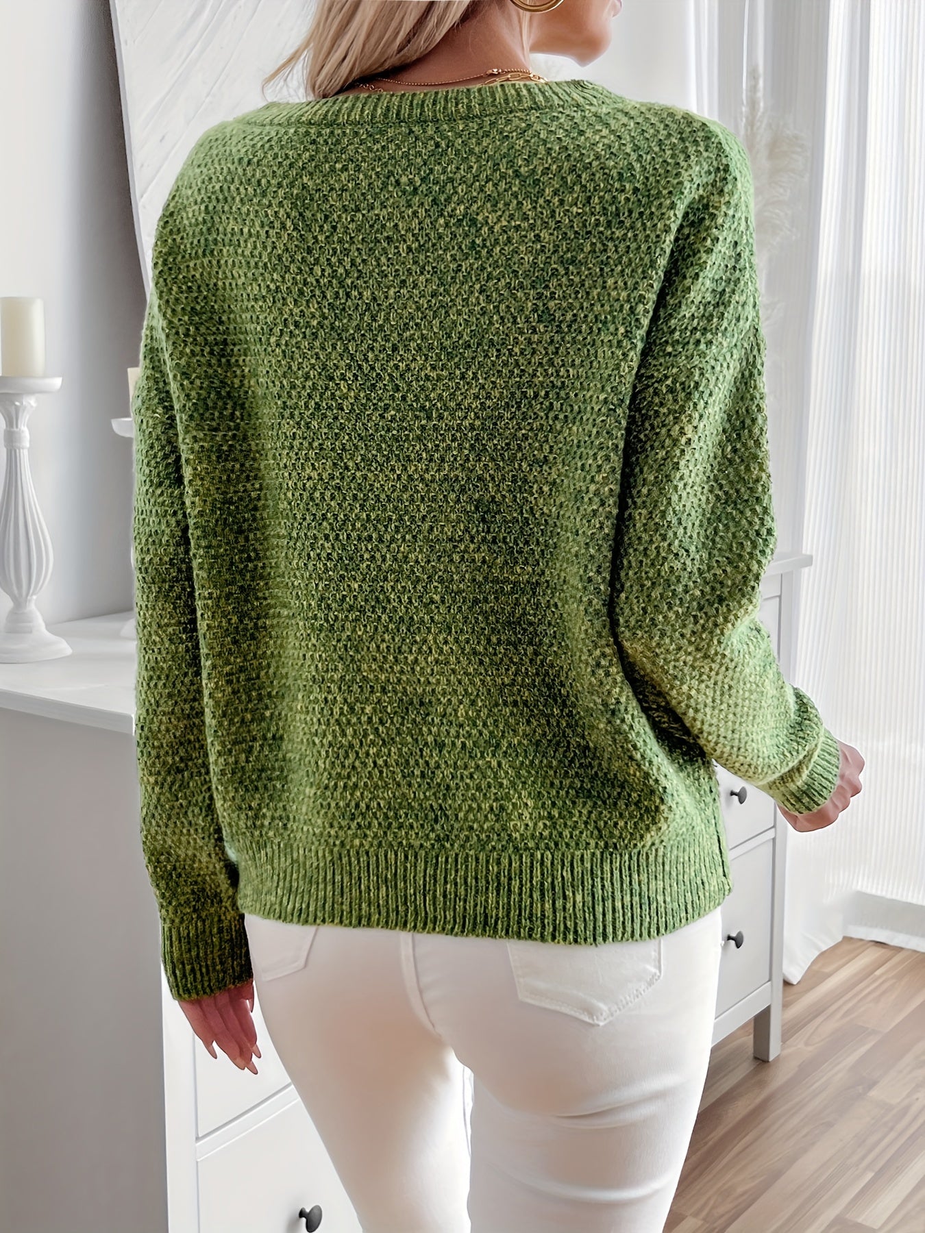Solid Color Long-Sleeve Knitted Sweater for Women with a Relaxed Drop Shoulder Design.   OAXG 