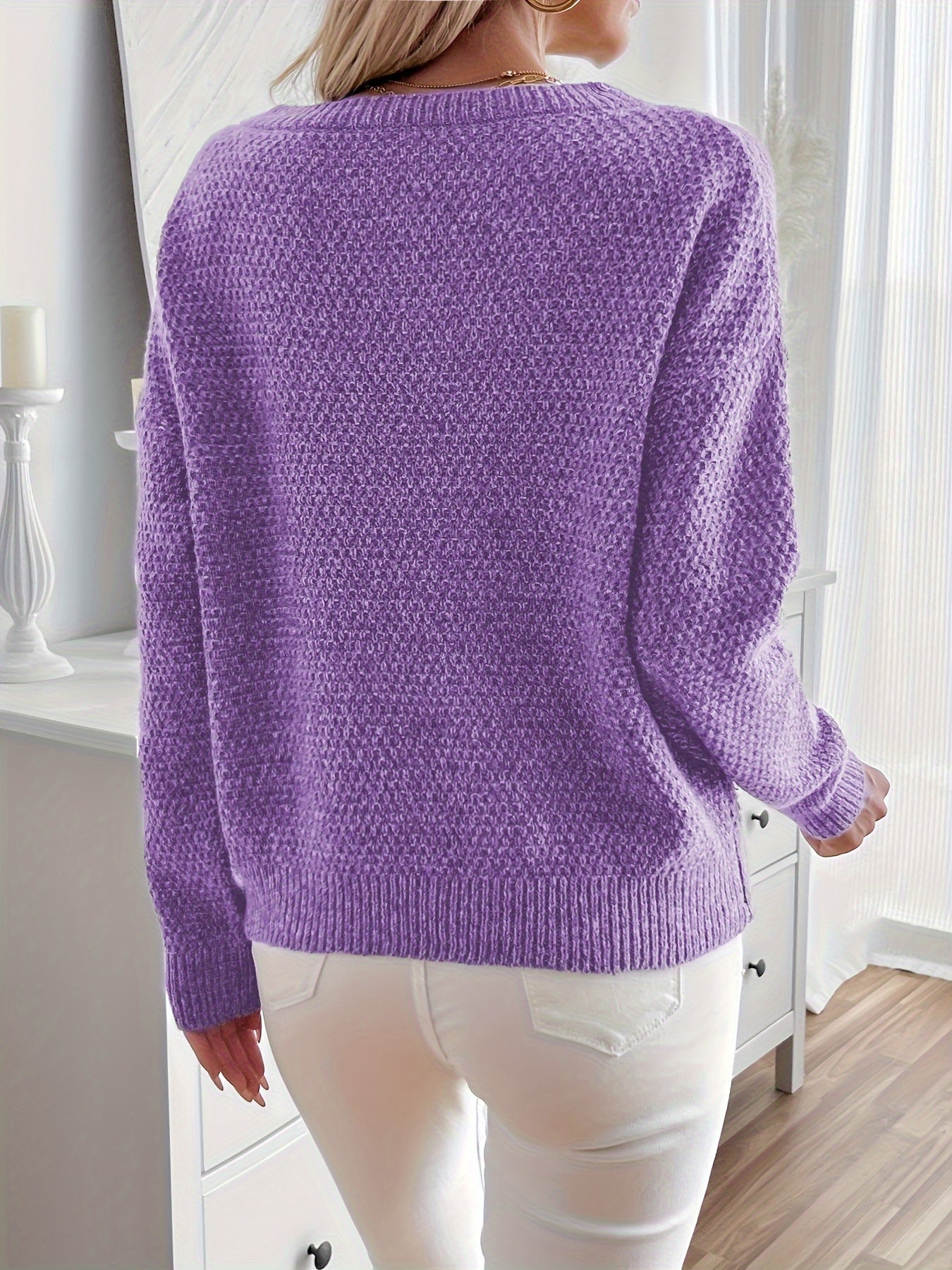 Solid Color Long-Sleeve Knitted Sweater for Women with a Relaxed Drop Shoulder Design.   OAXG 