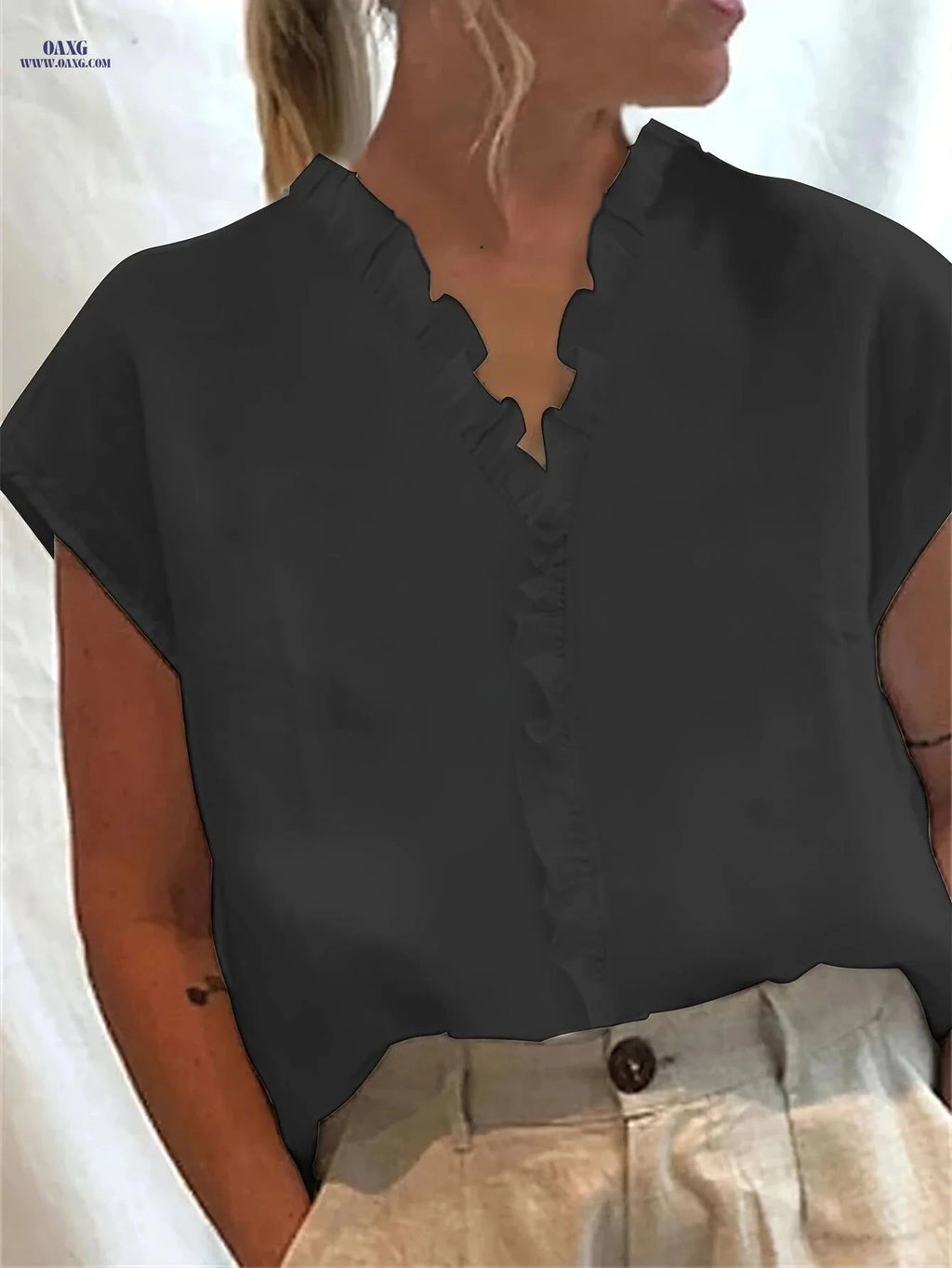 Solid Color Loose Lace Collar Sleeveless Top - 100% Cotton, V-Neck   OAXG White / S