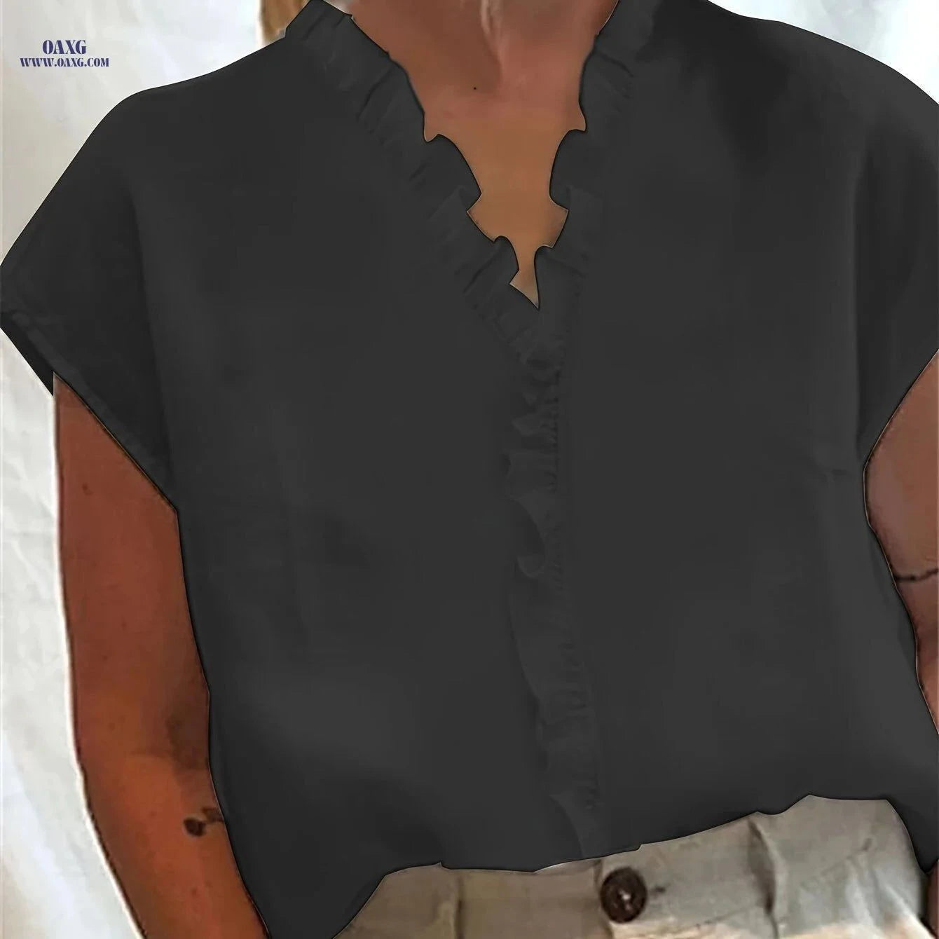 Solid Color Loose Lace Collar Sleeveless Top - 100% Cotton, V-Neck   OAXG White / S