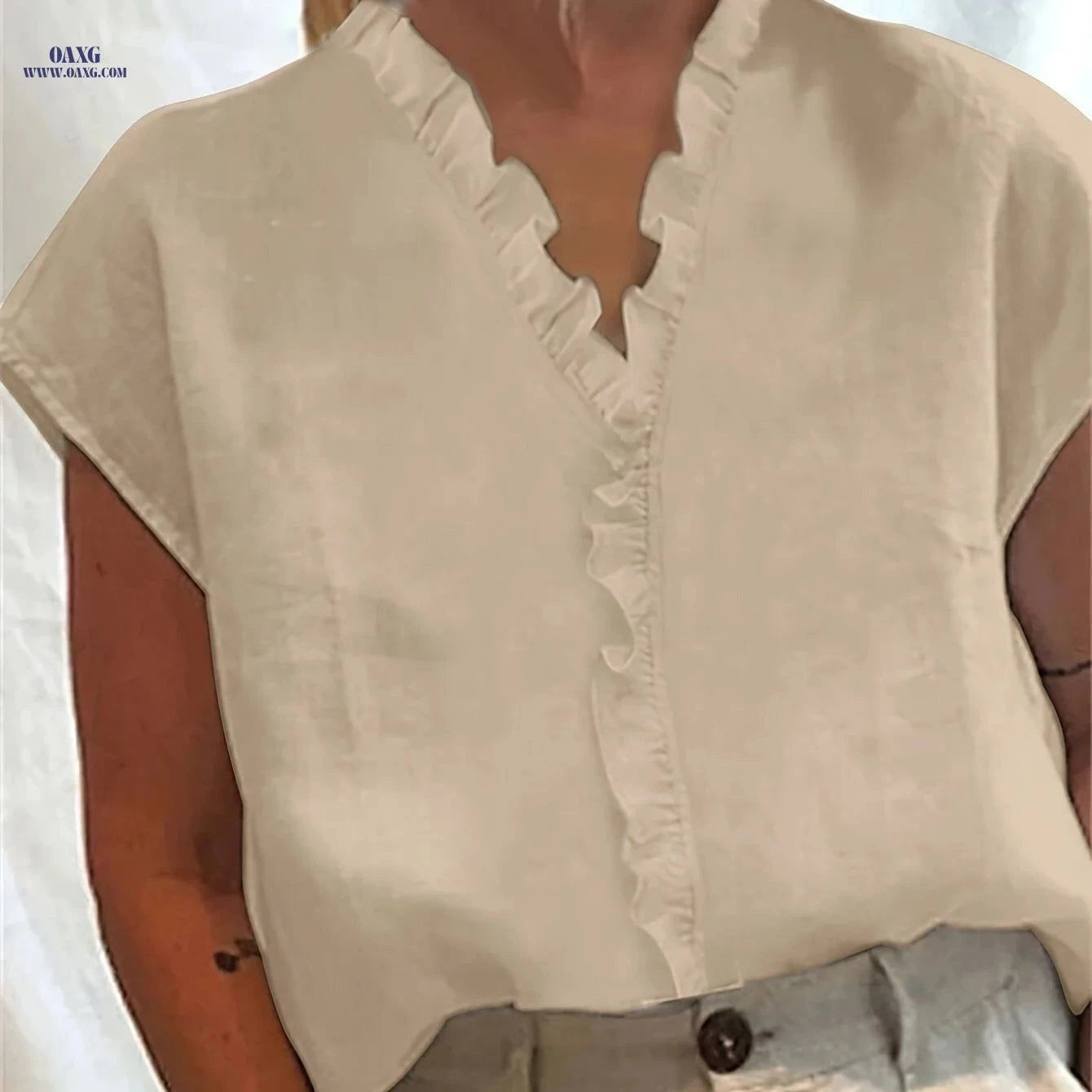 Solid Color Loose Lace Collar Sleeveless Top - 100% Cotton, V-Neck   OAXG White / S