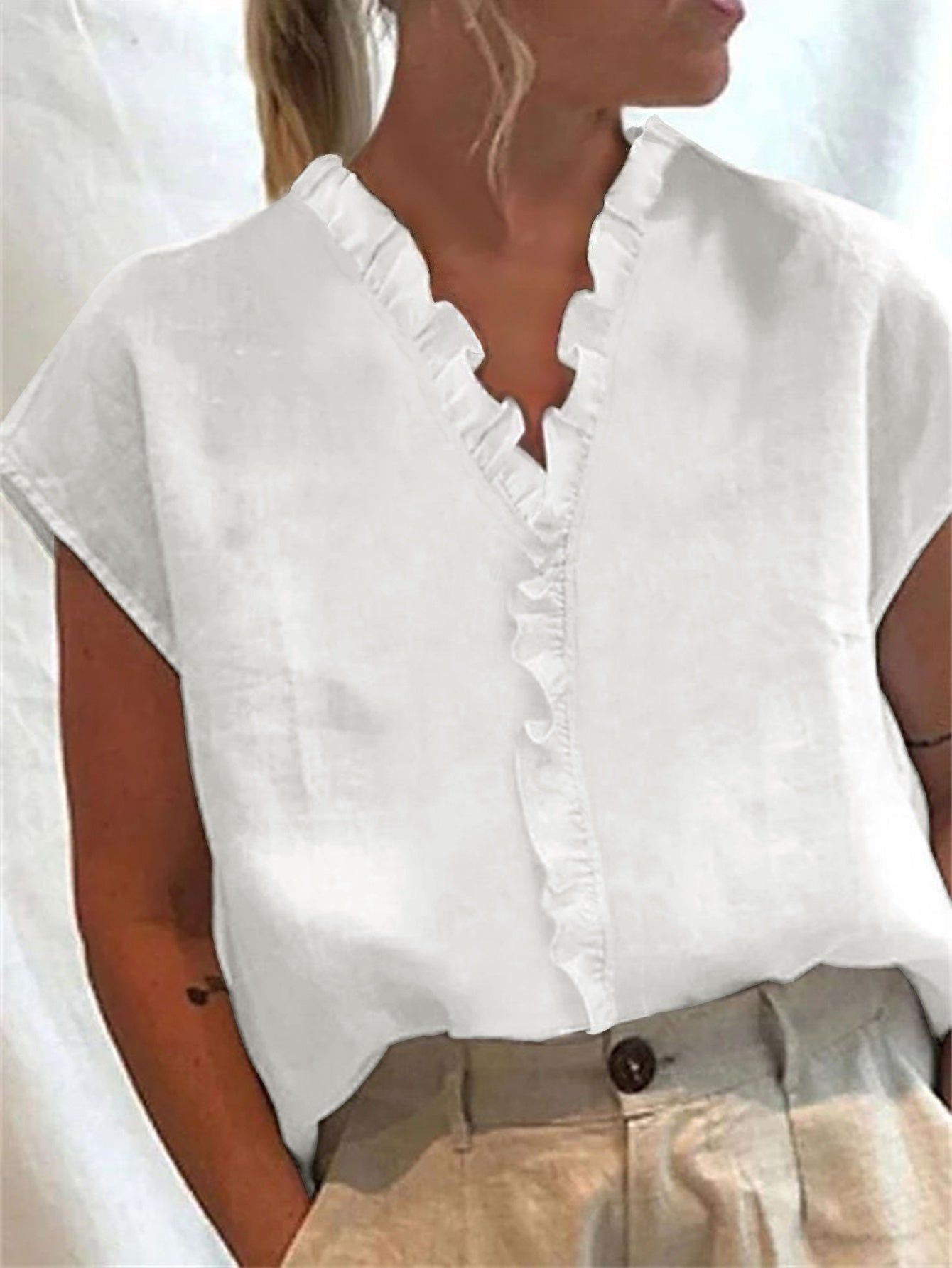 Solid Color Loose Lace Collar Sleeveless Top   OAXG White / S