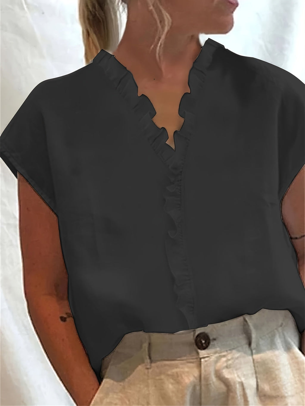 Solid Color Loose Lace Collar Sleeveless Top   OAXG White / S