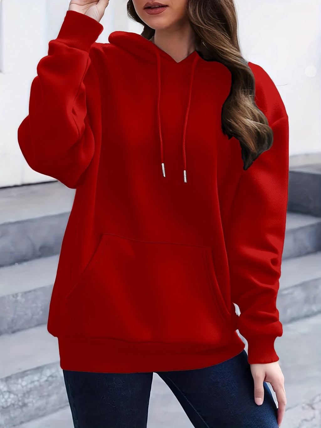 Solid Color Minimalist Clean Cut Fashion Hooded Drawstring Sweatshirt for Women, -Lined Long Sleeve Jacket with Kangaroo Pocket, New Loose Fit Versatile Casual Top for Autumn and Winter   OAXG Red / S