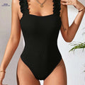 Solid Color Pleated Strap Bodysuit - Sexy Off-the-Shoulder Style   OAXG Black / XS