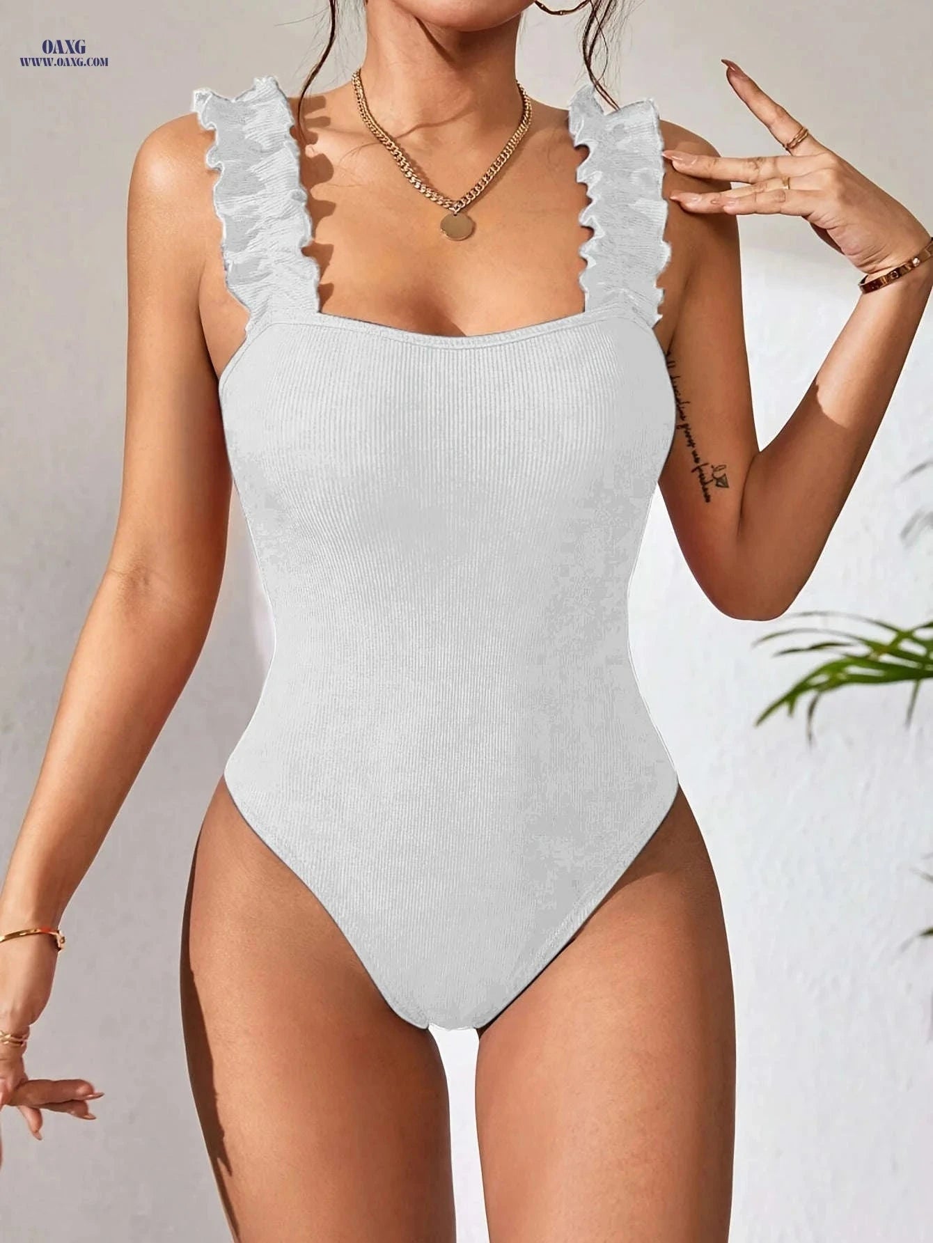 Solid Color Pleated Strap Bodysuit - Sexy Off-the-Shoulder Style   OAXG 