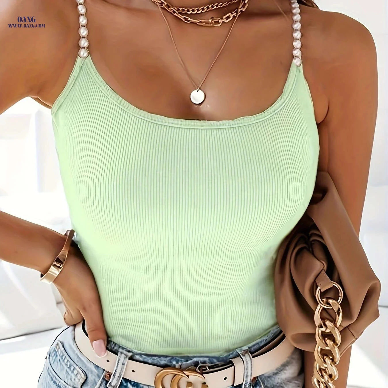 Solid Color Ribbed Top with Bead Straps - Sexy Spring/Summer Style   OAXG 