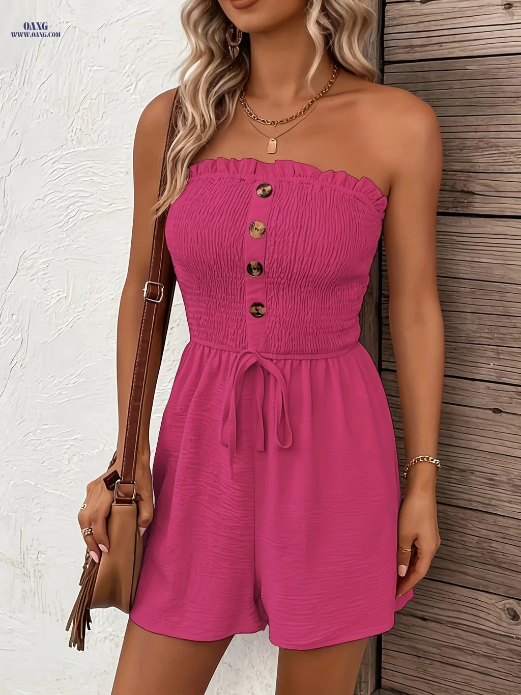 Solid Color Strapless Romper with Button Detail - Vacation Style   OAXG 