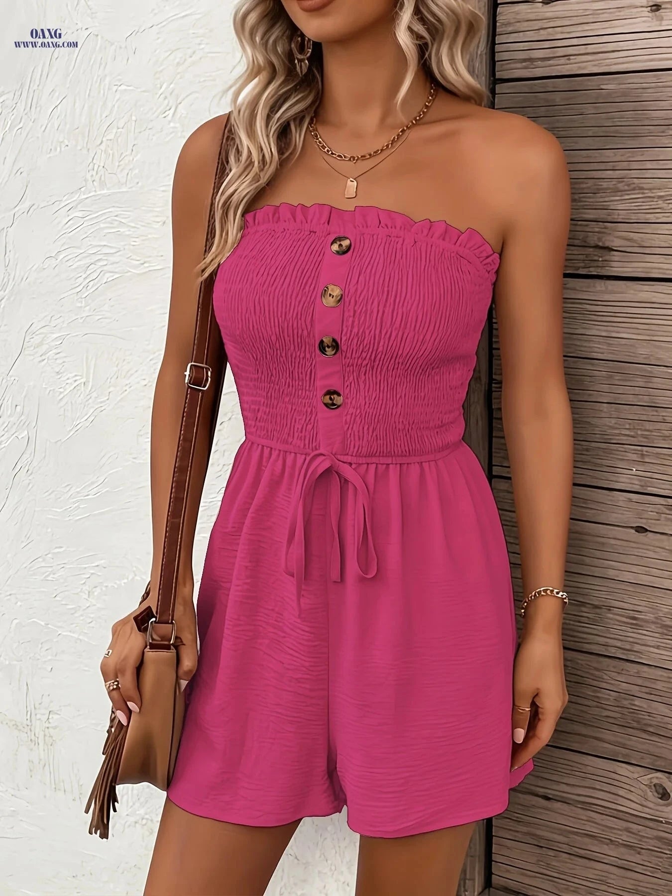 Solid Color Strapless Romper with Button Detail - Vacation Style   OAXG 