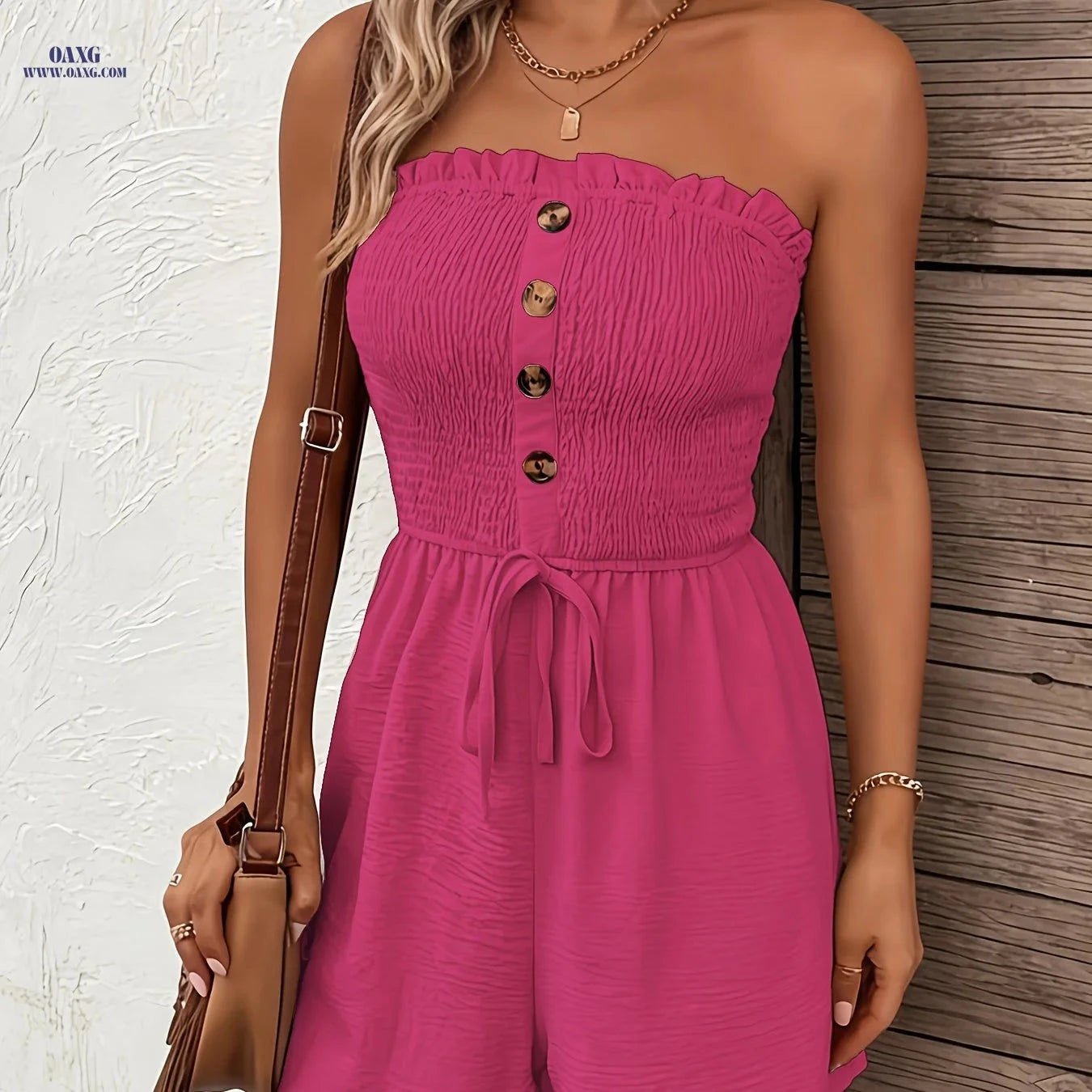 Solid Color Strapless Romper with Button Detail - Vacation Style   OAXG 