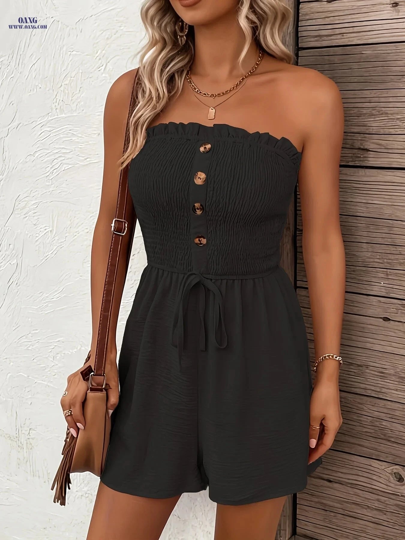 Solid Color Strapless Romper with Button Detail - Vacation Style   OAXG Light Blue / XL