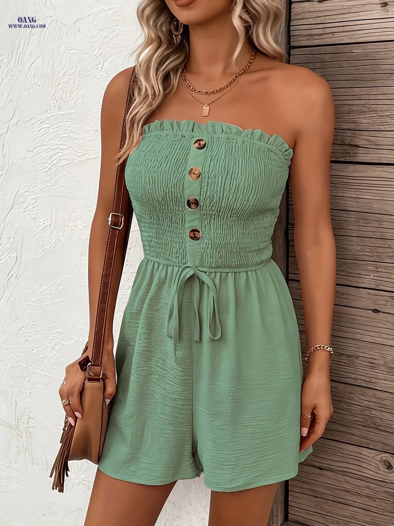 Solid Color Strapless Romper with Button Detail - Vacation Style   OAXG Light Blue / XL