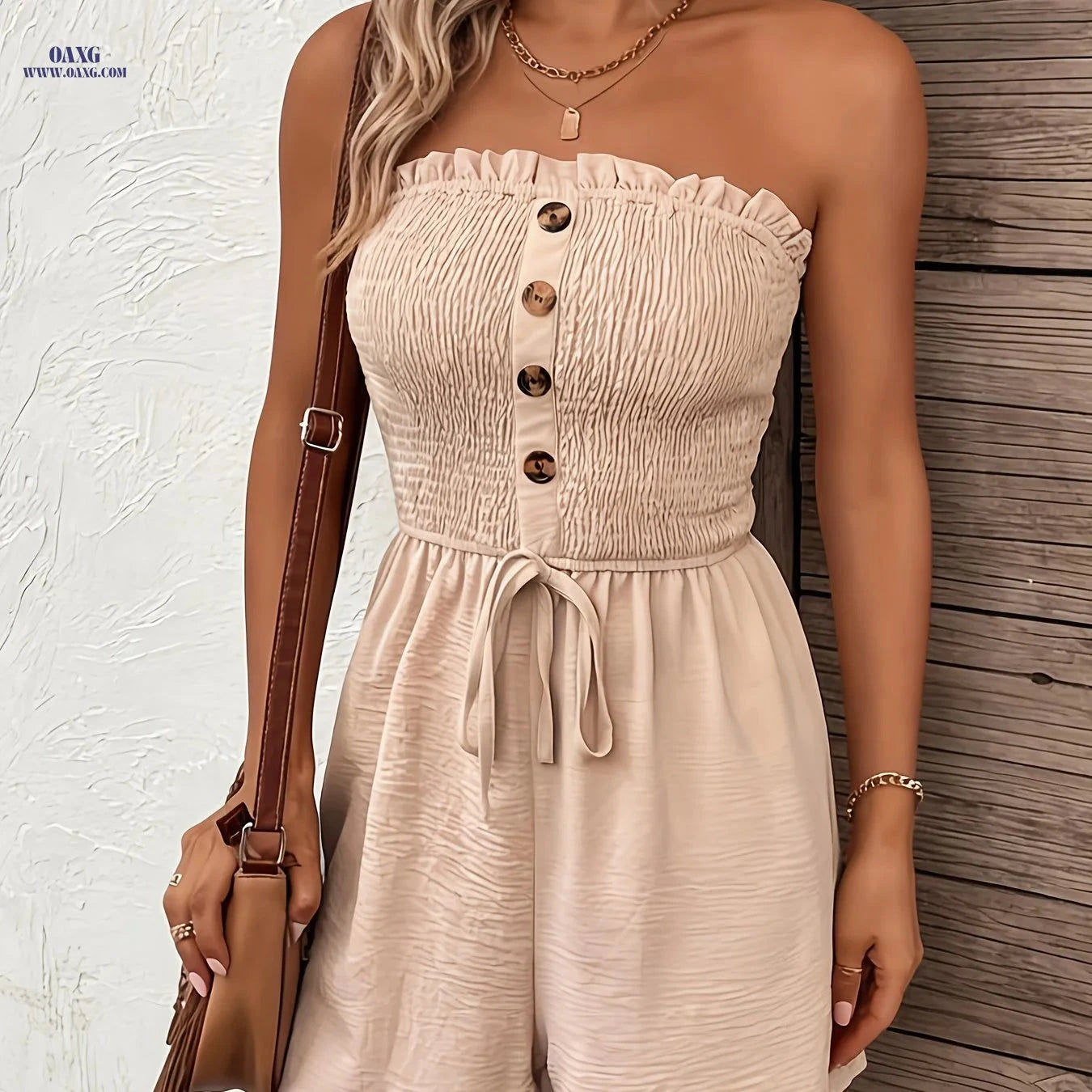 Solid Color Strapless Romper with Button Detail - Vacation Style   OAXG 