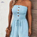 Solid Color Strapless Romper with Button Detail - Vacation Style   OAXG 