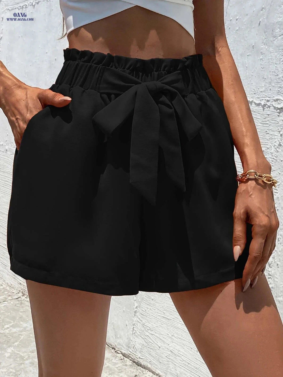 Solid Color Tie Waist Shorts - Casual Women’s Summer Apparel   OAXG 