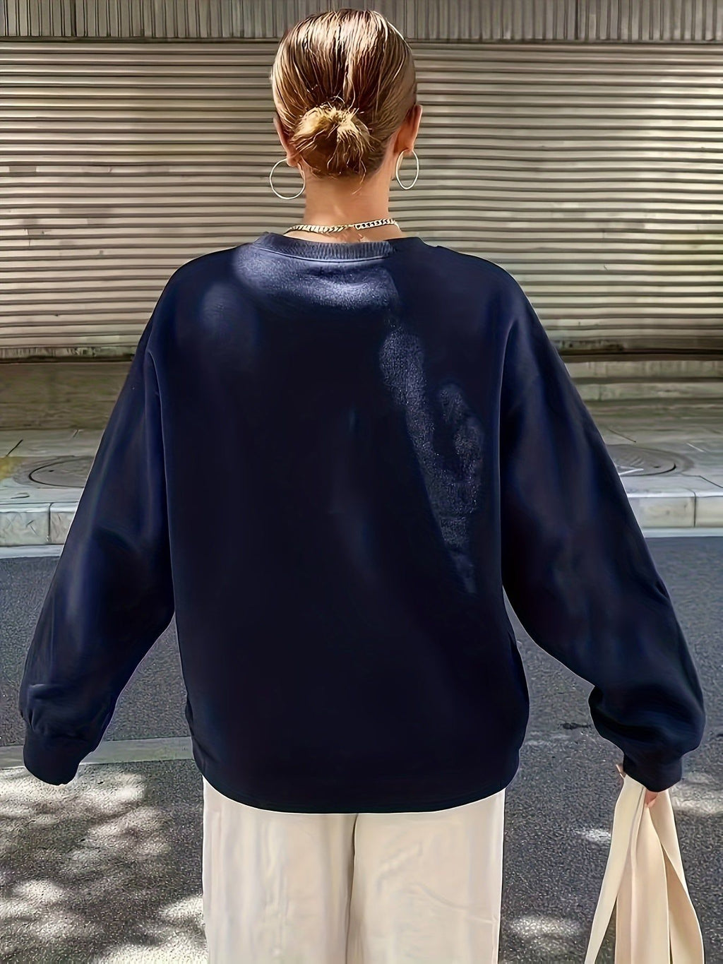 Solid Color Women's Casual Sports Round Neck -Lined Sweatshirt   OAXG Navy Color / S