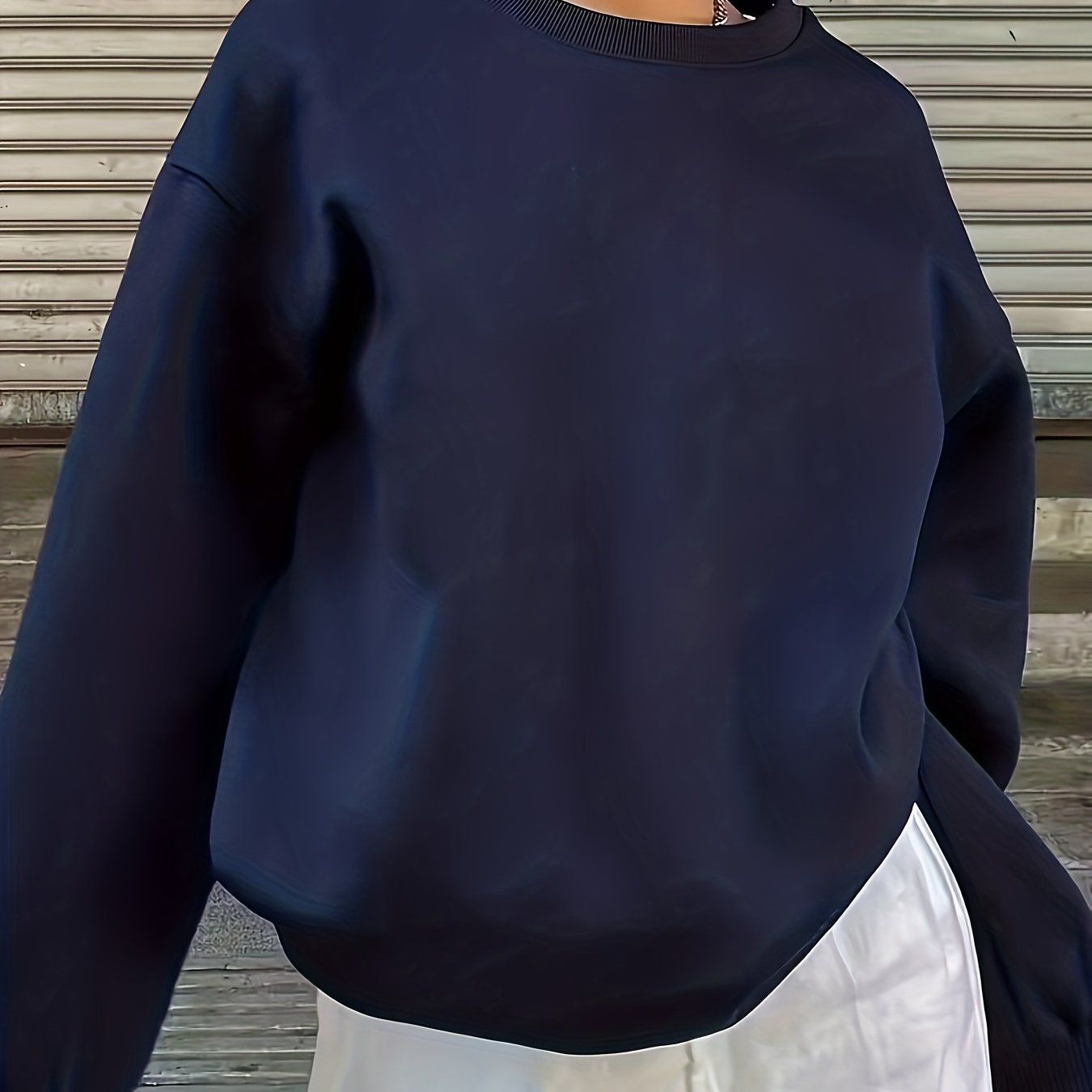 Solid Color Women's Casual Sports Round Neck -Lined Sweatshirt   OAXG Navy Color / S