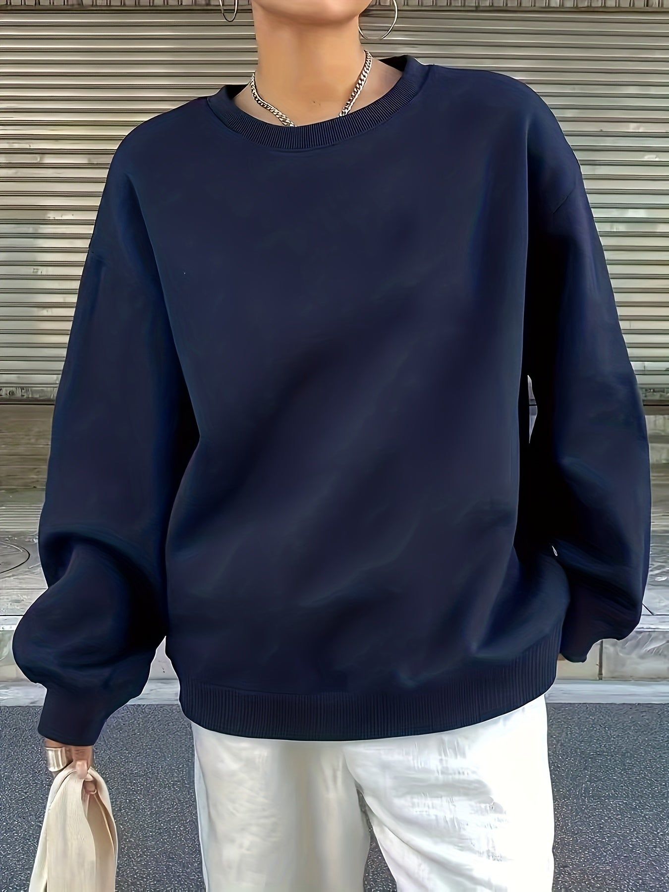 Solid Color Women's Casual Sports Round Neck -Lined Sweatshirt   OAXG Navy Color / S
