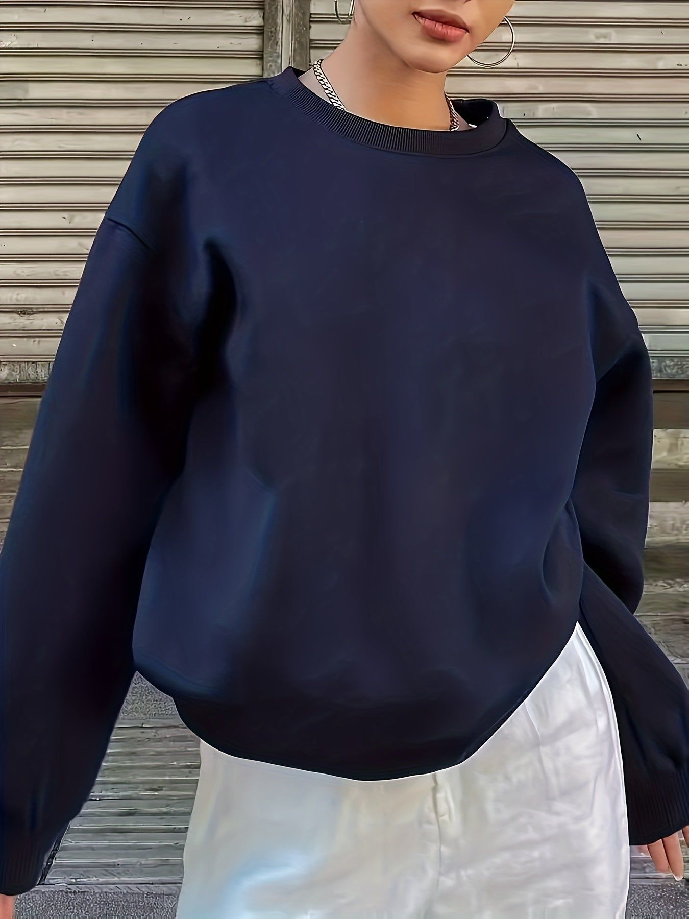 Solid Color Women's Casual Sports Round Neck -Lined Sweatshirt   OAXG Navy Color / S