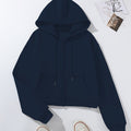 Solid Color Zip-Up Hooded Sweatshirt for Women, Autumn/Winter -Lined Thick Kangaroo Pocket Fashion Cropped Cardigan Long Sleeve Casual Sport Top   OAXG Navy Color / Asian S