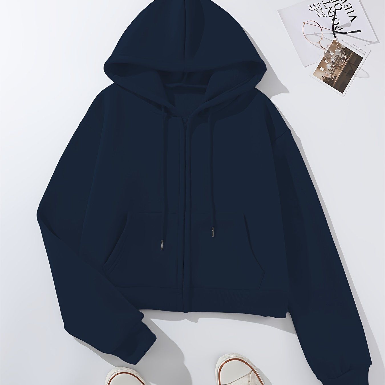 Solid Color Zip-Up Hooded Sweatshirt for Women, Autumn/Winter -Lined Thick Kangaroo Pocket Fashion Cropped Cardigan Long Sleeve Casual Sport Top   OAXG Navy Color / Asian S