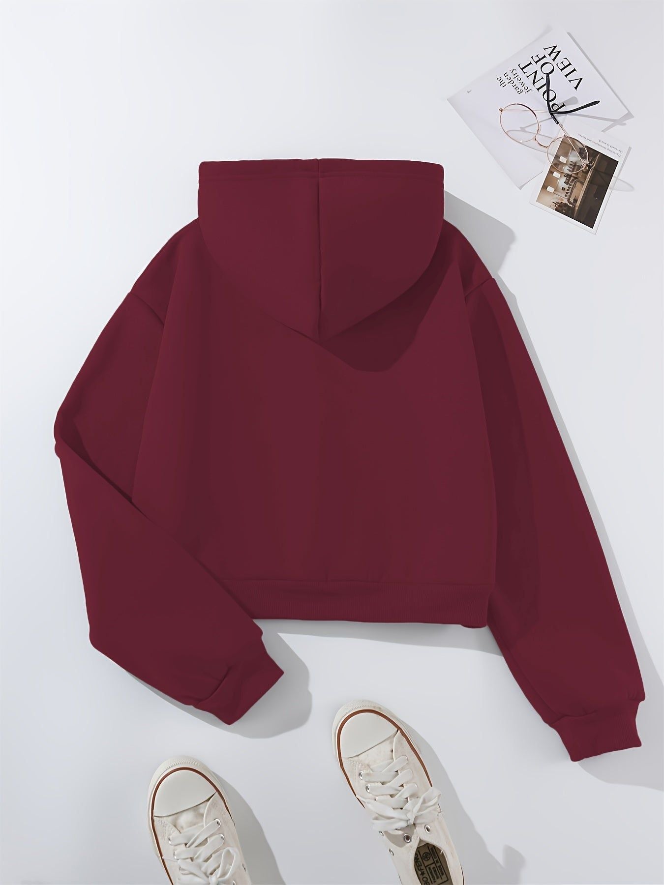 Solid Color Zip-Up Hooded Sweatshirt for Women, Autumn/Winter -Lined Thick Kangaroo Pocket Fashion Cropped Cardigan Long Sleeve Casual Sport Top   OAXG Navy Color / Asian S