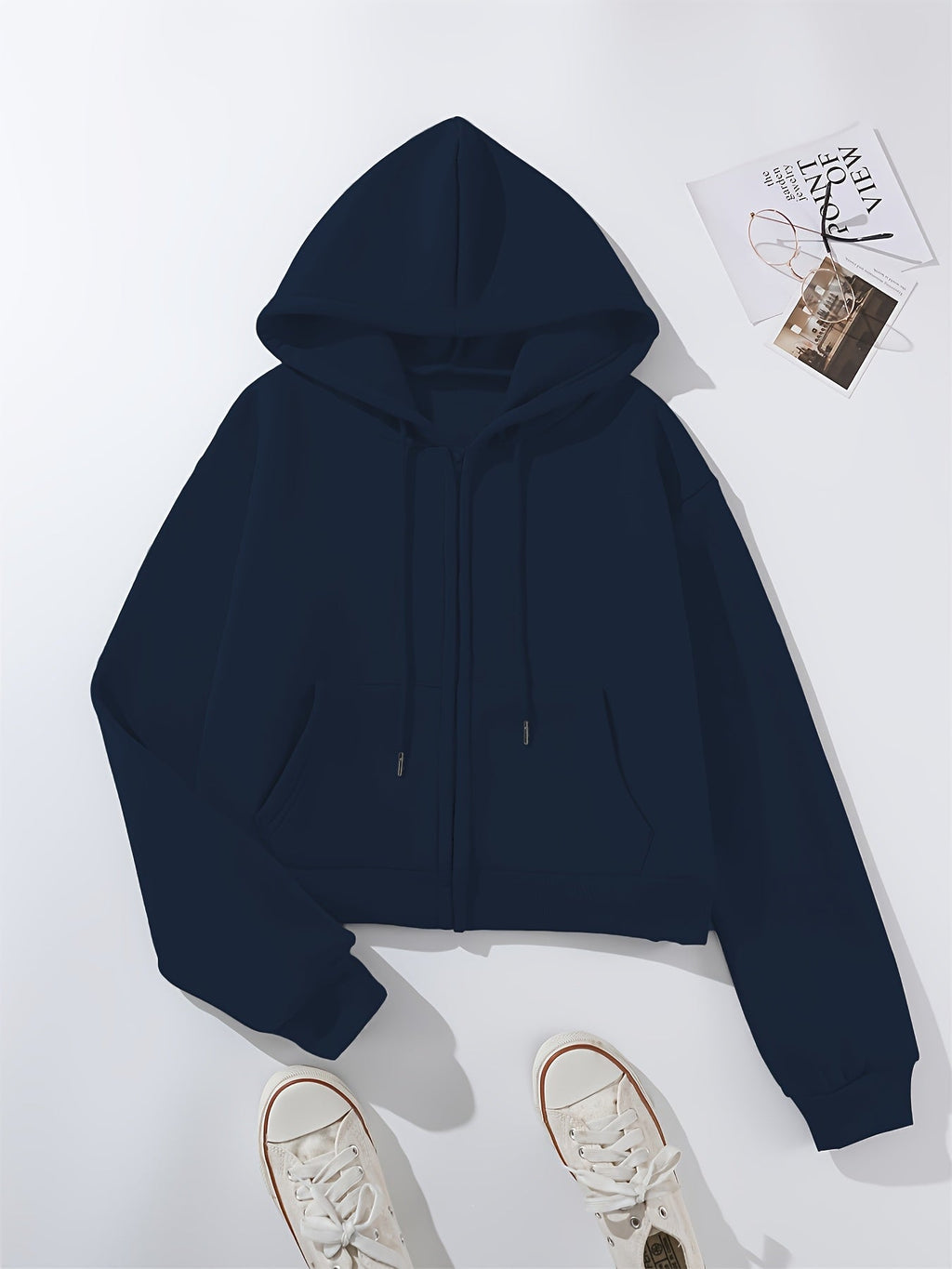 Solid Color Zip-Up Hooded Sweatshirt for Women, Autumn/Winter -Lined Thick Kangaroo Pocket Fashion Cropped Cardigan Long Sleeve Casual Sport Top   OAXG Navy Color / Asian S