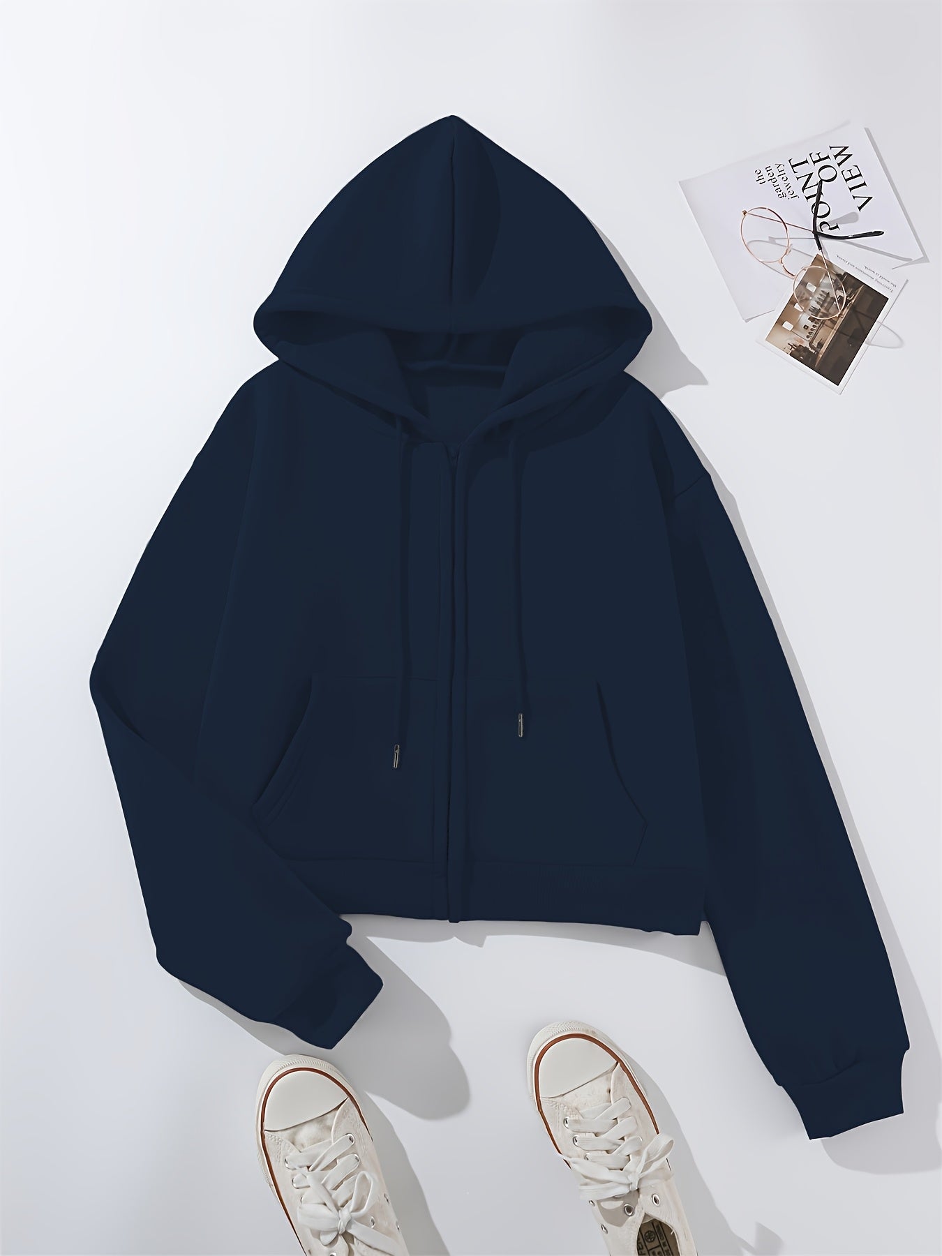 Solid Color Zip-Up Hooded Sweatshirt for Women, Autumn/Winter -Lined Thick Kangaroo Pocket Fashion Cropped Cardigan Long Sleeve Casual Sport Top   OAXG Navy Color / Asian S