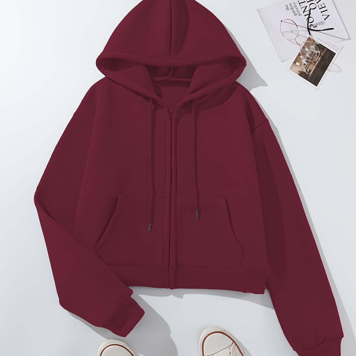 Solid Color Zip-Up Hooded Sweatshirt for Women, Autumn/Winter -Lined Thick Kangaroo Pocket Fashion Cropped Cardigan Long Sleeve Casual Sport Top   OAXG Navy Color / Asian S
