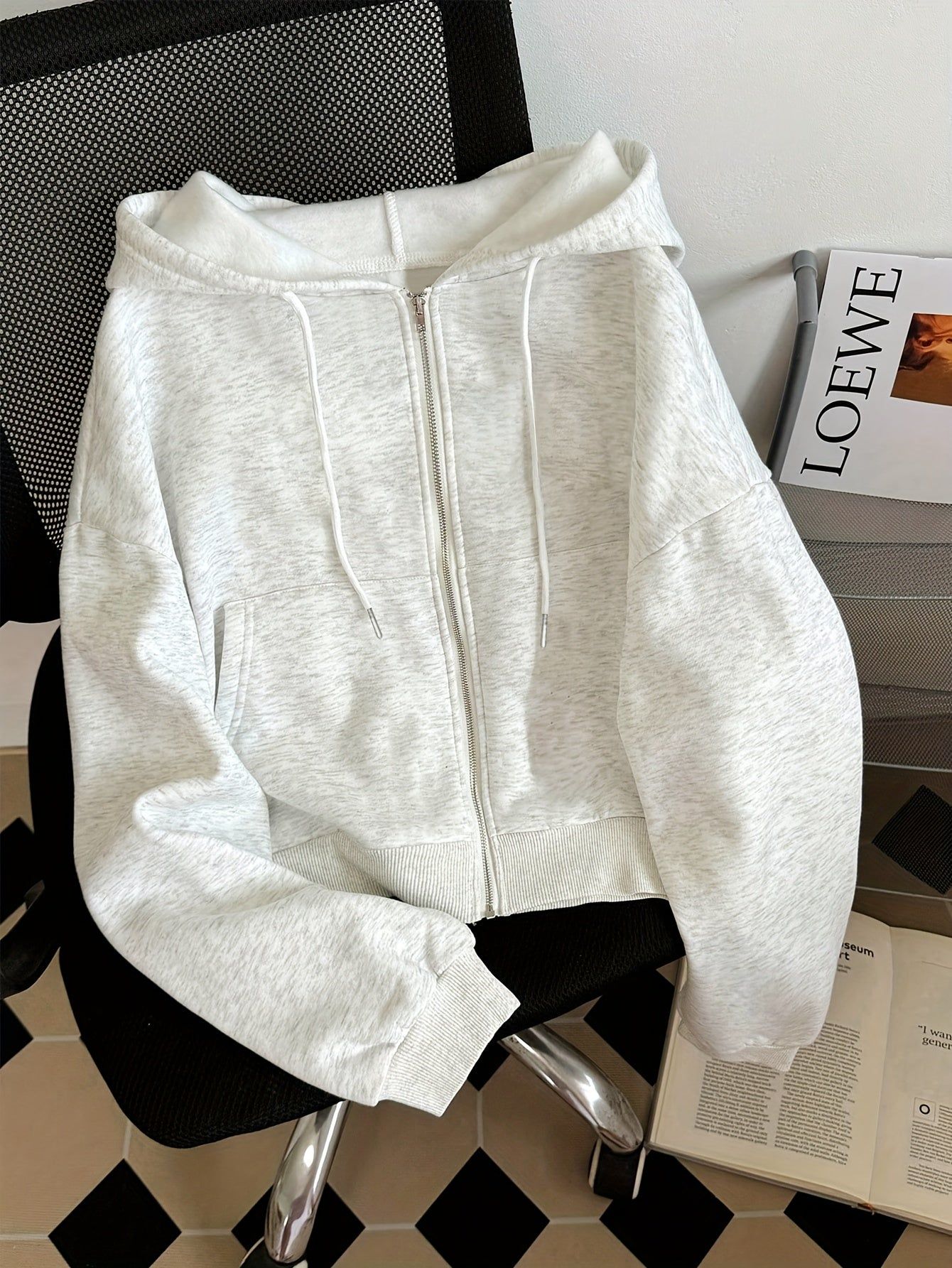 Solid Color Zip-Up Hooded Sweatshirt for Women, Autumn/Winter -Lined Thick Kangaroo Pocket Fashion Cropped Cardigan Long Sleeve Casual Sport Top   OAXG Navy Color / Asian S
