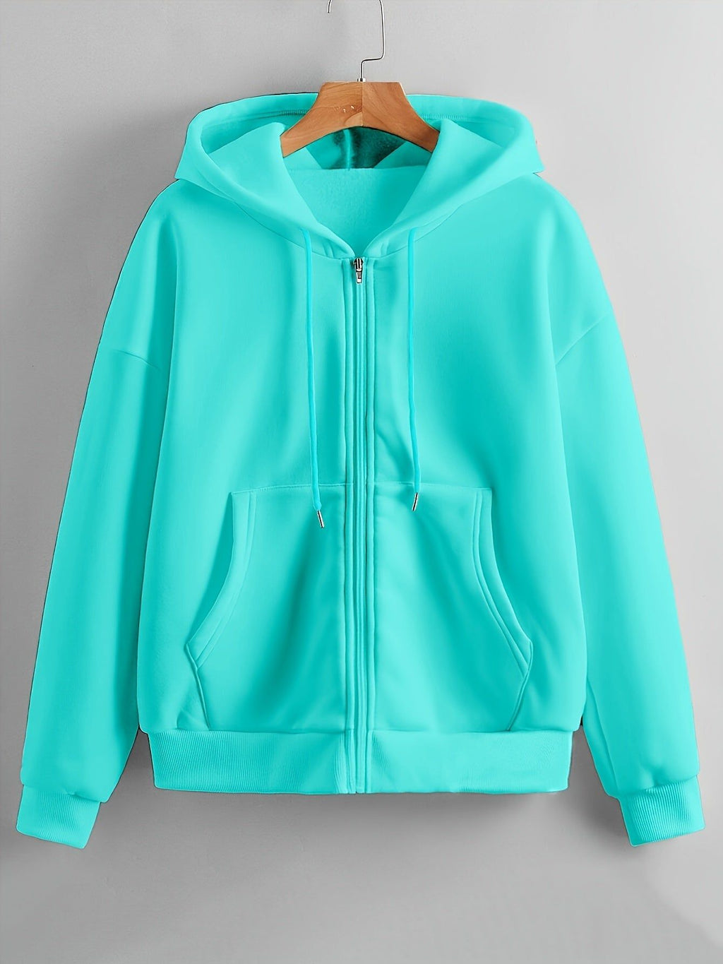 Solid Color Zipper Hooded Sweatshirt Women'S Autumn And Winter Fleece Thickened Kangaroo Pocket Fashion Cardigan Long-Sleeved Casual Sports Top Tide   OAXG Lake Blue / Asian M