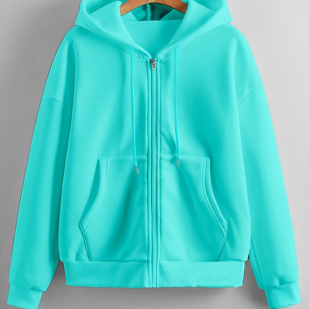 Solid Color Zipper Hooded Sweatshirt Women'S Autumn And Winter Fleece Thickened Kangaroo Pocket Fashion Cardigan Long-Sleeved Casual Sports Top Tide   OAXG Lake Blue / Asian M