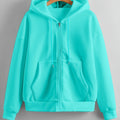 Solid Color Zipper Hooded Sweatshirt Women'S Autumn And Winter Fleece Thickened Kangaroo Pocket Fashion Cardigan Long-Sleeved Casual Sports Top Tide   OAXG Lake Blue / Asian M