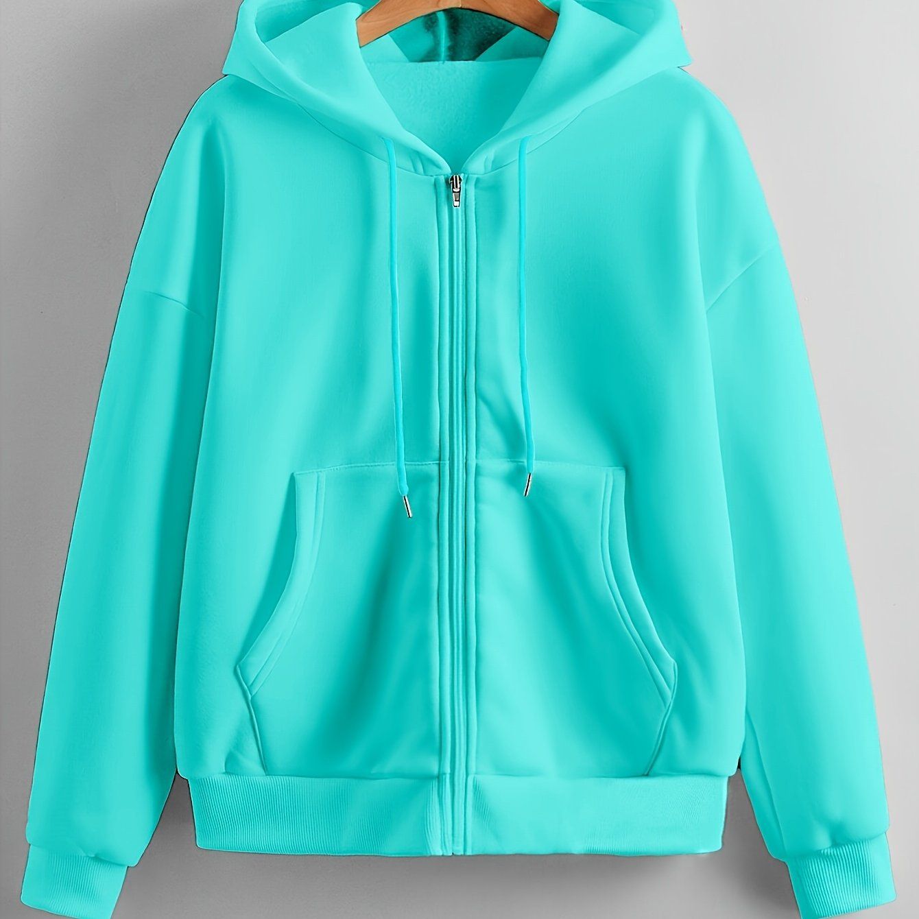 Solid Color Zipper Hooded Sweatshirt Women'S Autumn And Winter Fleece Thickened Kangaroo Pocket Fashion Cardigan Long-Sleeved Casual Sports Top Tide   OAXG Lake Blue / Asian M