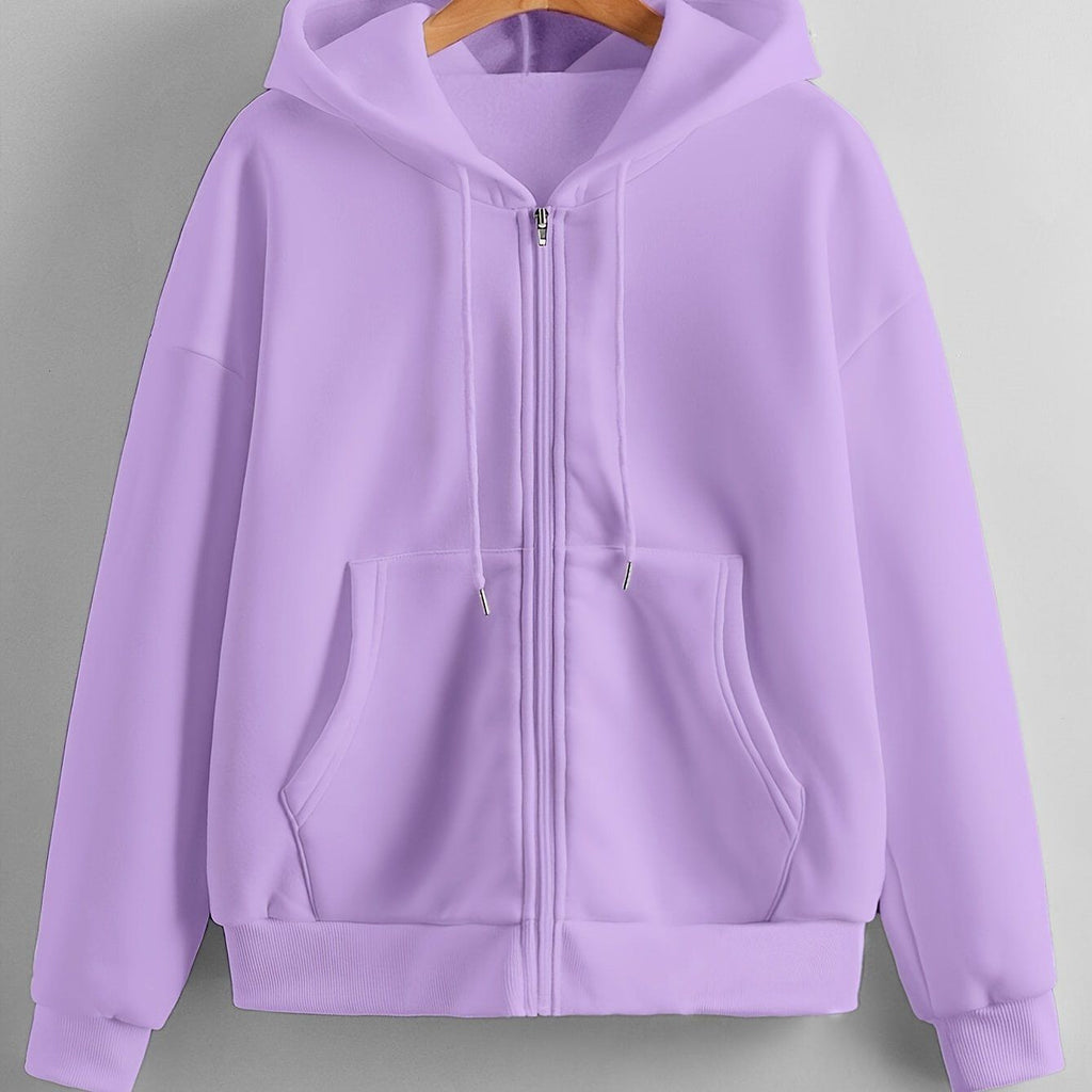 Solid Color Zipper Hooded Sweatshirt Women'S Autumn And Winter Fleece Thickened Kangaroo Pocket Fashion Cardigan Long-Sleeved Casual Sports Top Tide   OAXG Light Purple / S