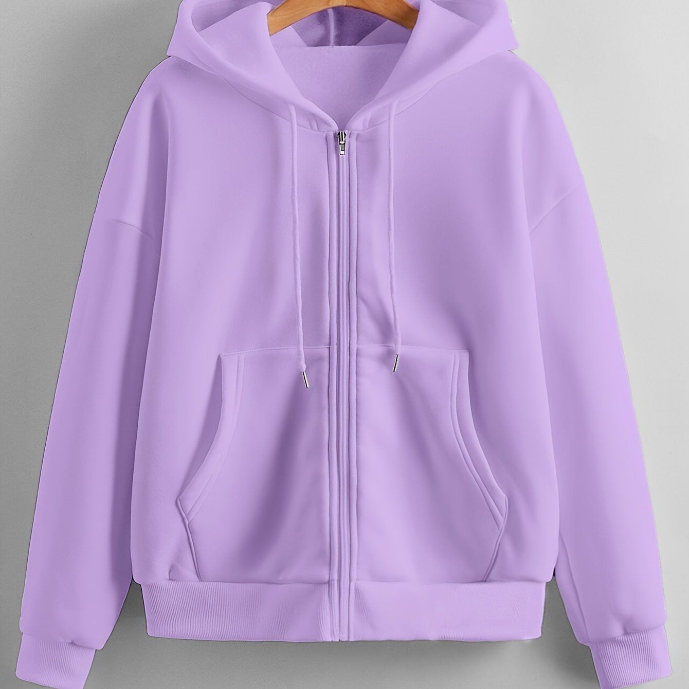 Solid Color Zipper Hooded Sweatshirt Women'S Autumn And Winter Fleece Thickened Kangaroo Pocket Fashion Cardigan Long-Sleeved Casual Sports Top Tide   OAXG Light Purple / S