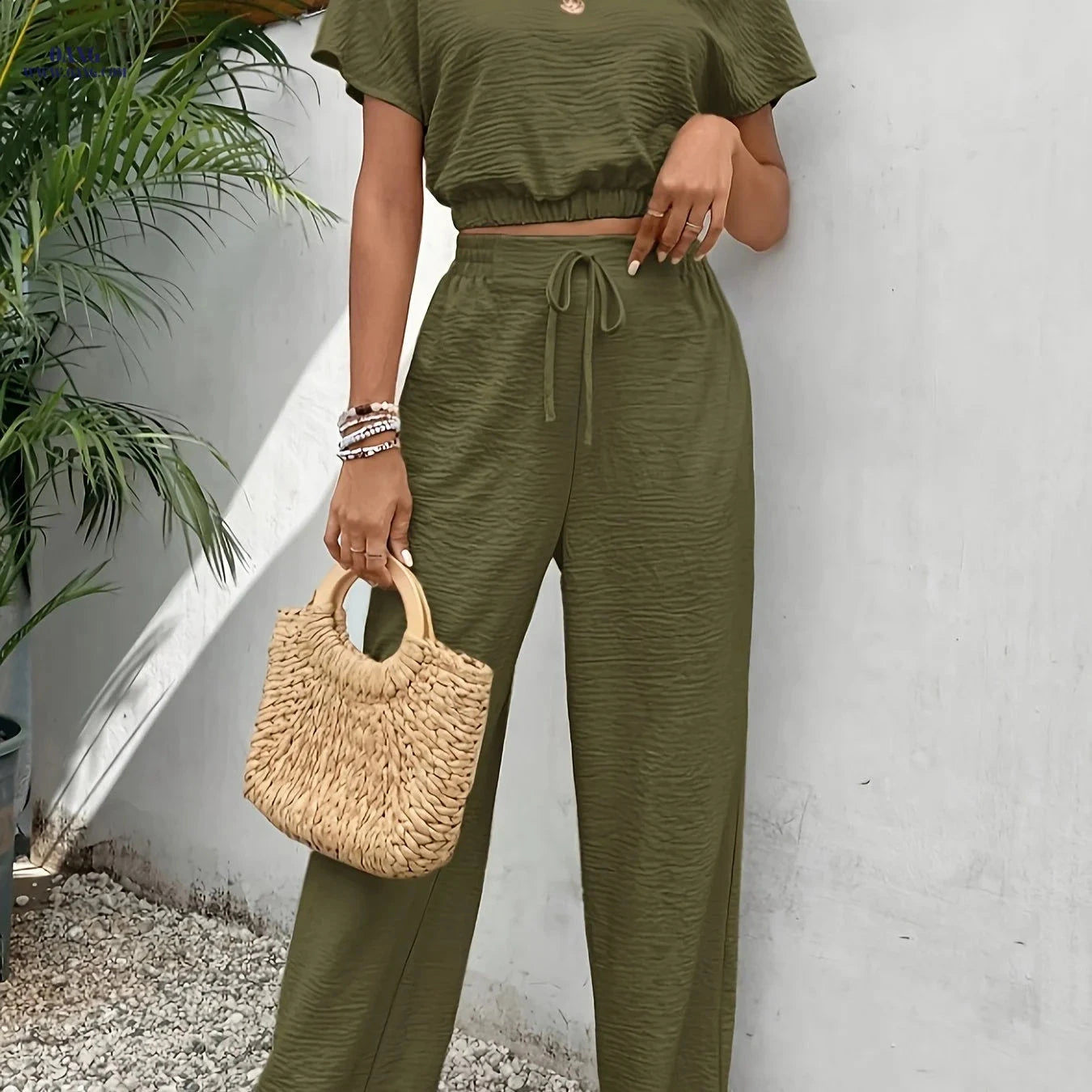Solid Elegant 2pcs Set - Batwing Sleeve Top & Wide-Leg Pants   OAXG 