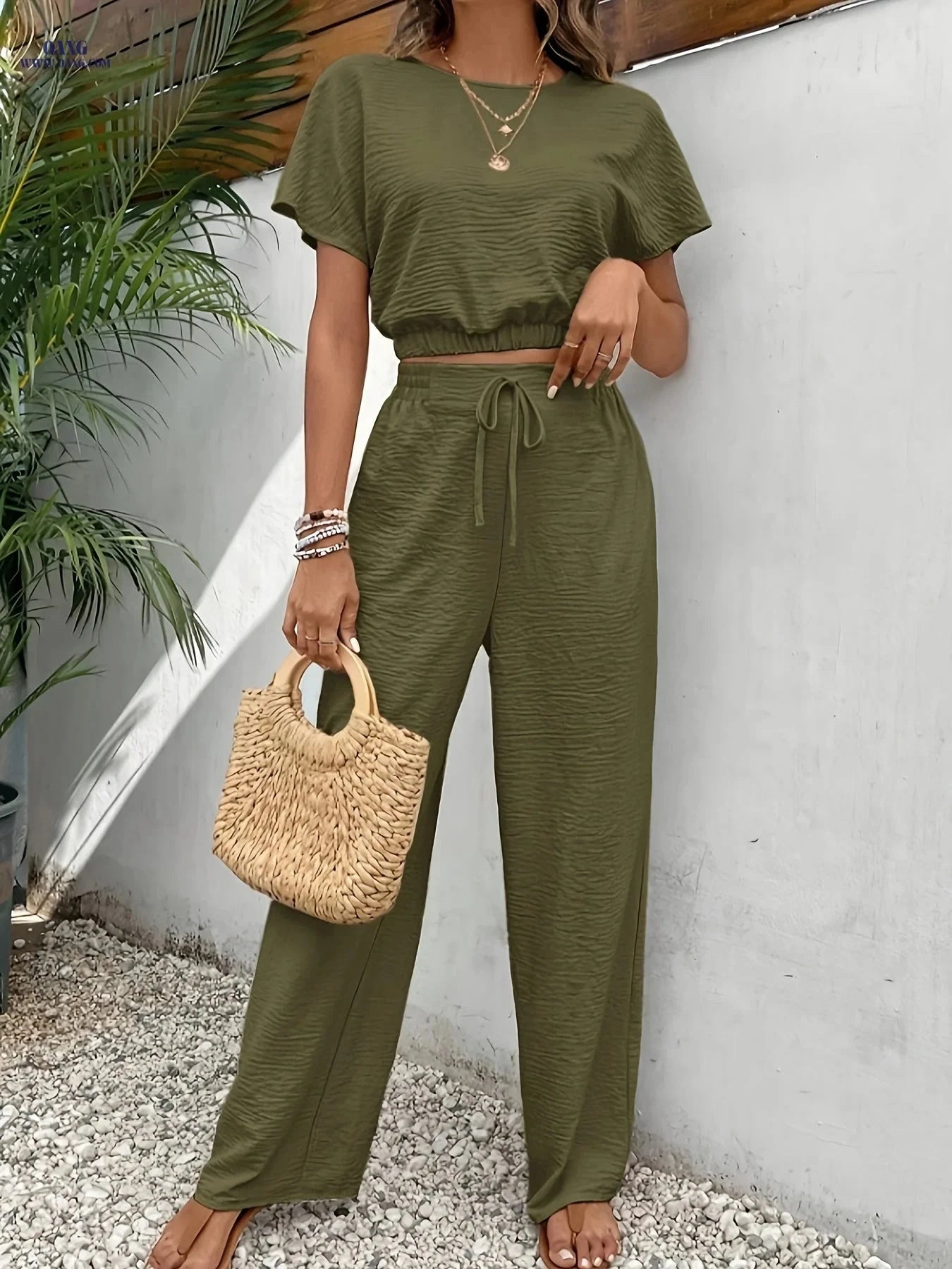 Solid Elegant 2pcs Set - Batwing Sleeve Top & Wide-Leg Pants   OAXG 