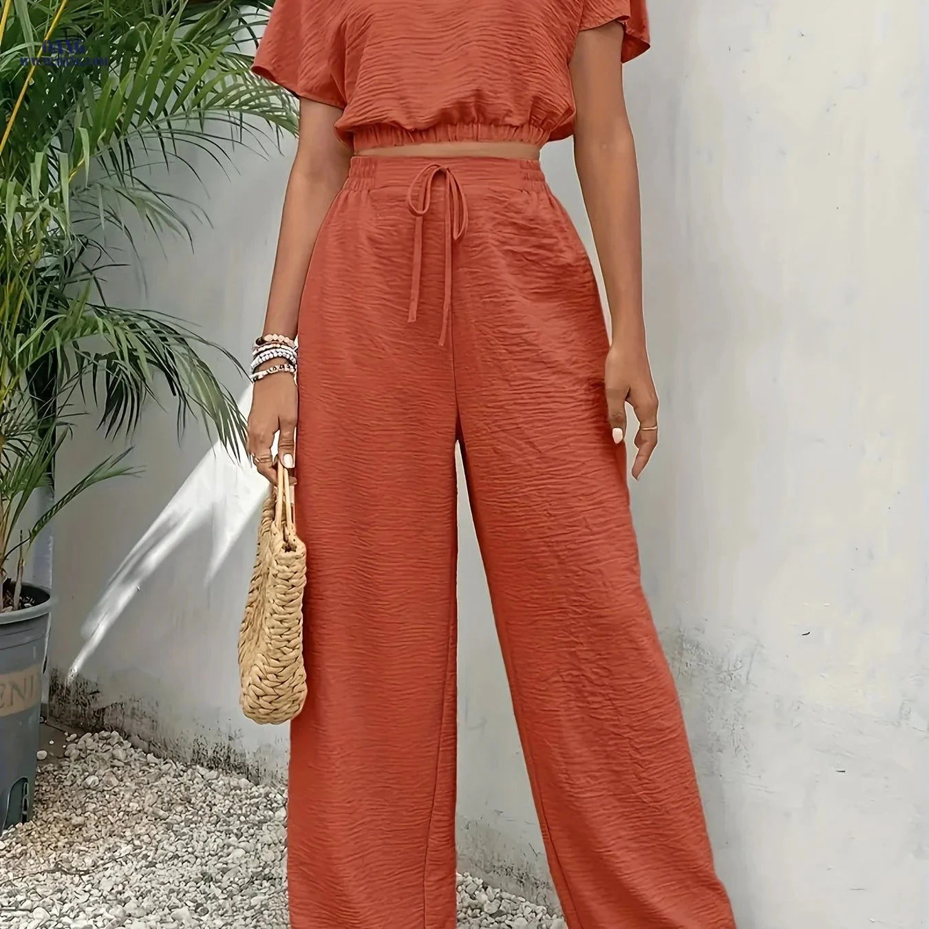 Solid Elegant 2pcs Set - Batwing Sleeve Top & Wide-Leg Pants   OAXG 