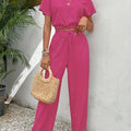 Solid Elegant 2pcs Set - Batwing Sleeve Top & Wide-Leg Pants   OAXG Rose Red / S