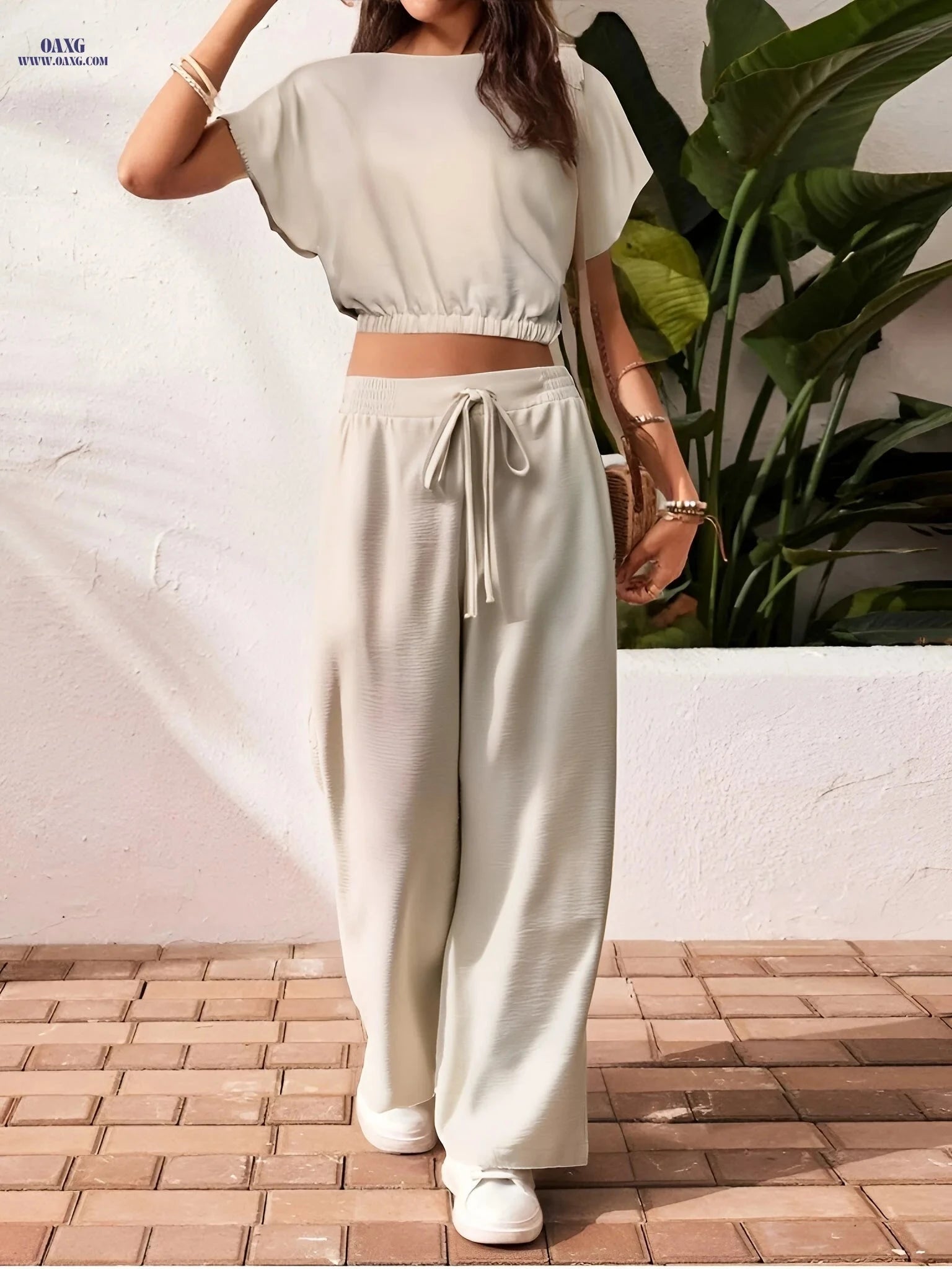 Solid Elegant 2pcs Set - Batwing Sleeve Top & Wide-Leg Pants   OAXG Rose Red / S