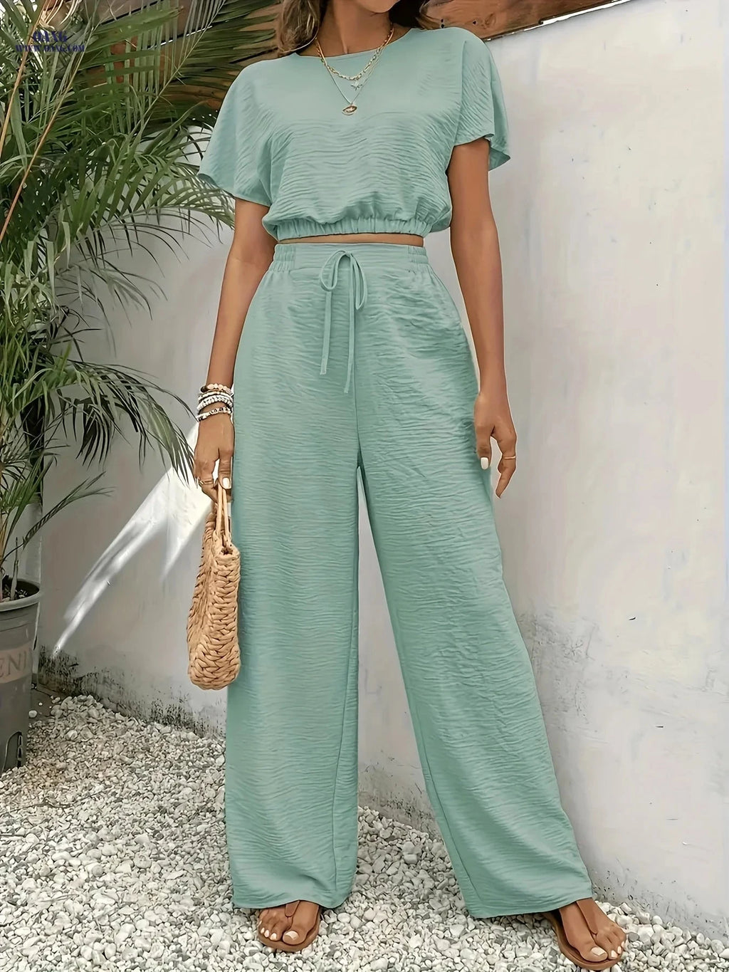 Solid Elegant 2pcs Set - Batwing Sleeve Top & Wide-Leg Pants   OAXG Rose Red / S