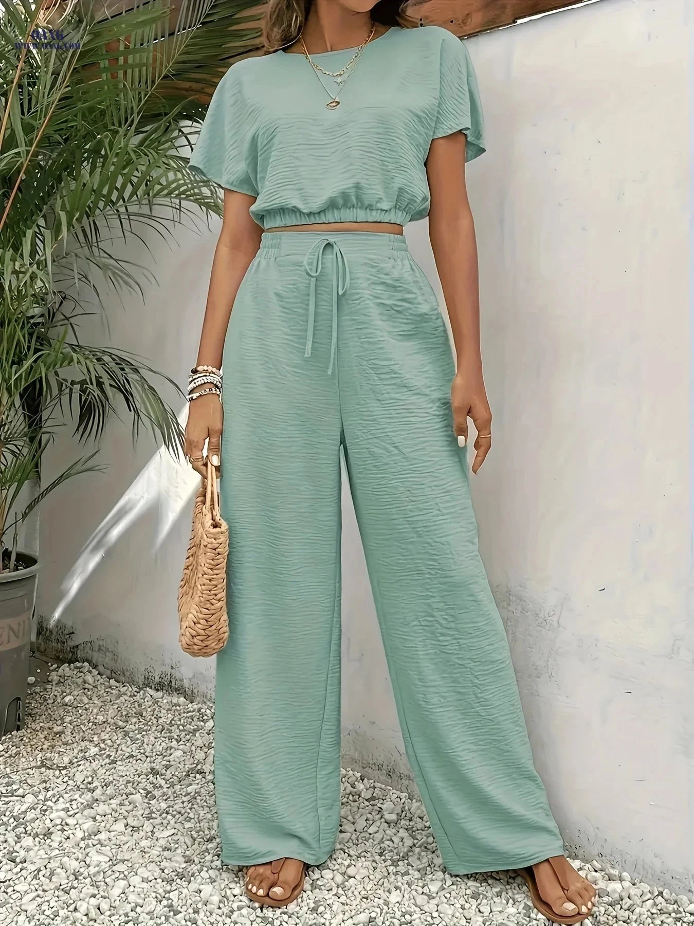 Solid Elegant 2pcs Set - Batwing Sleeve Top & Wide-Leg Pants   OAXG Rose Red / S